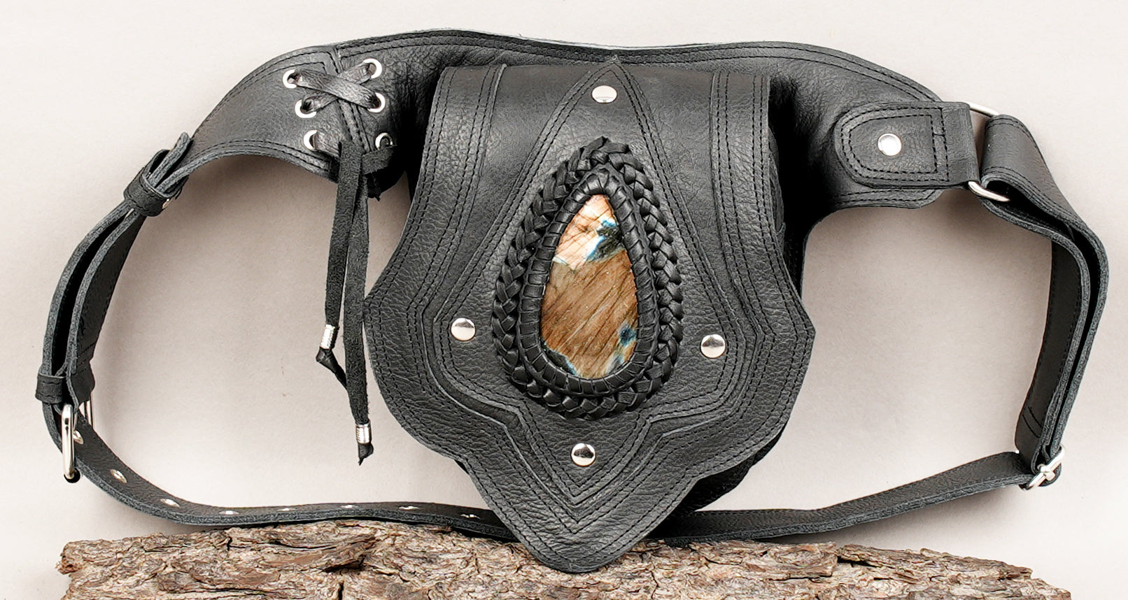 Leather hip belt with braided gemstone centerpiece