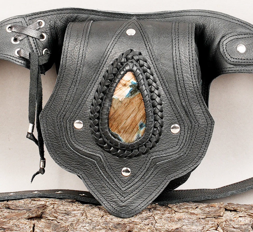 Festival style leather waist belt with natural stone