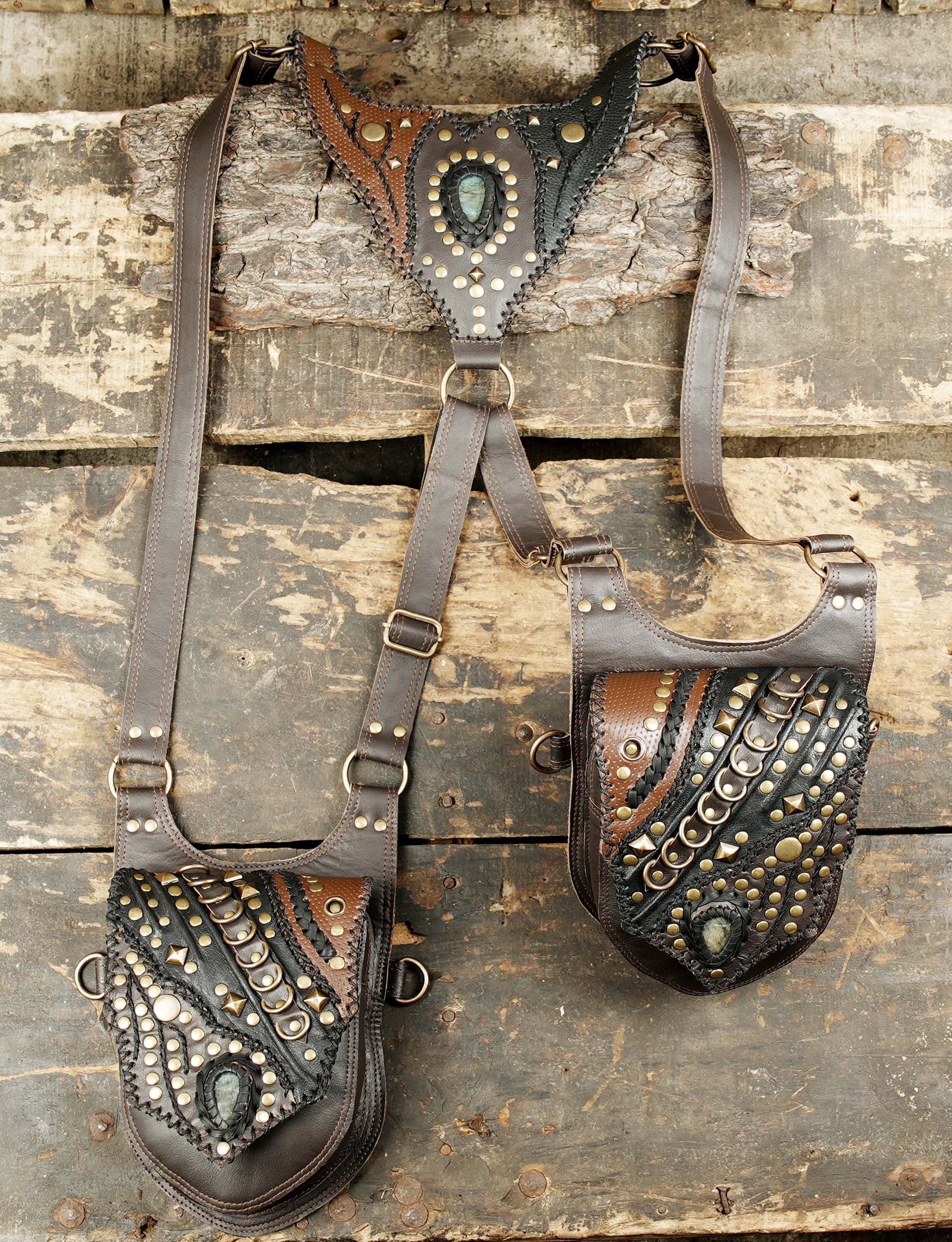 Artisan leather holster with steampunk inspired metalwork