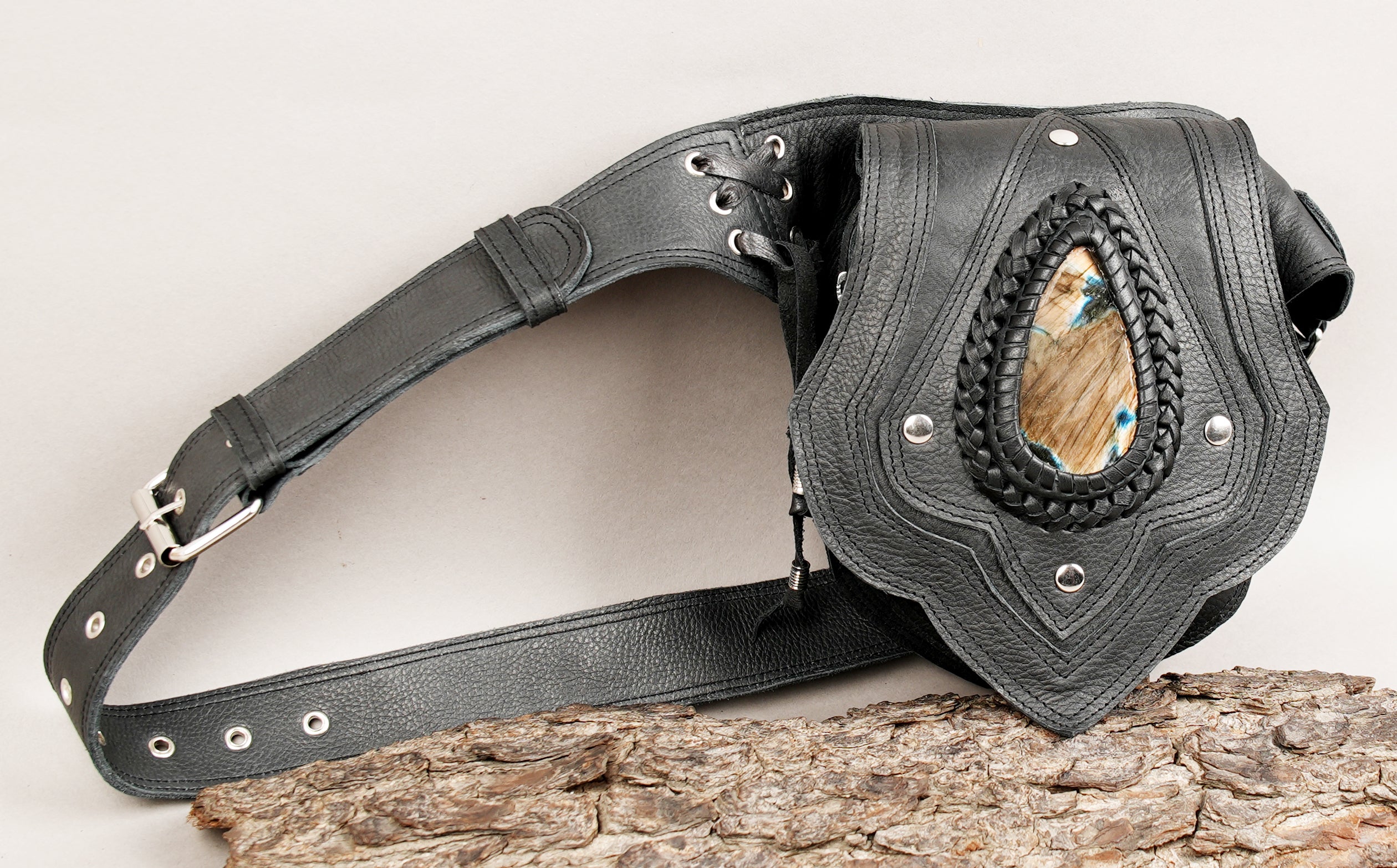 Boho leather waist belt with detailed stitching and stone
