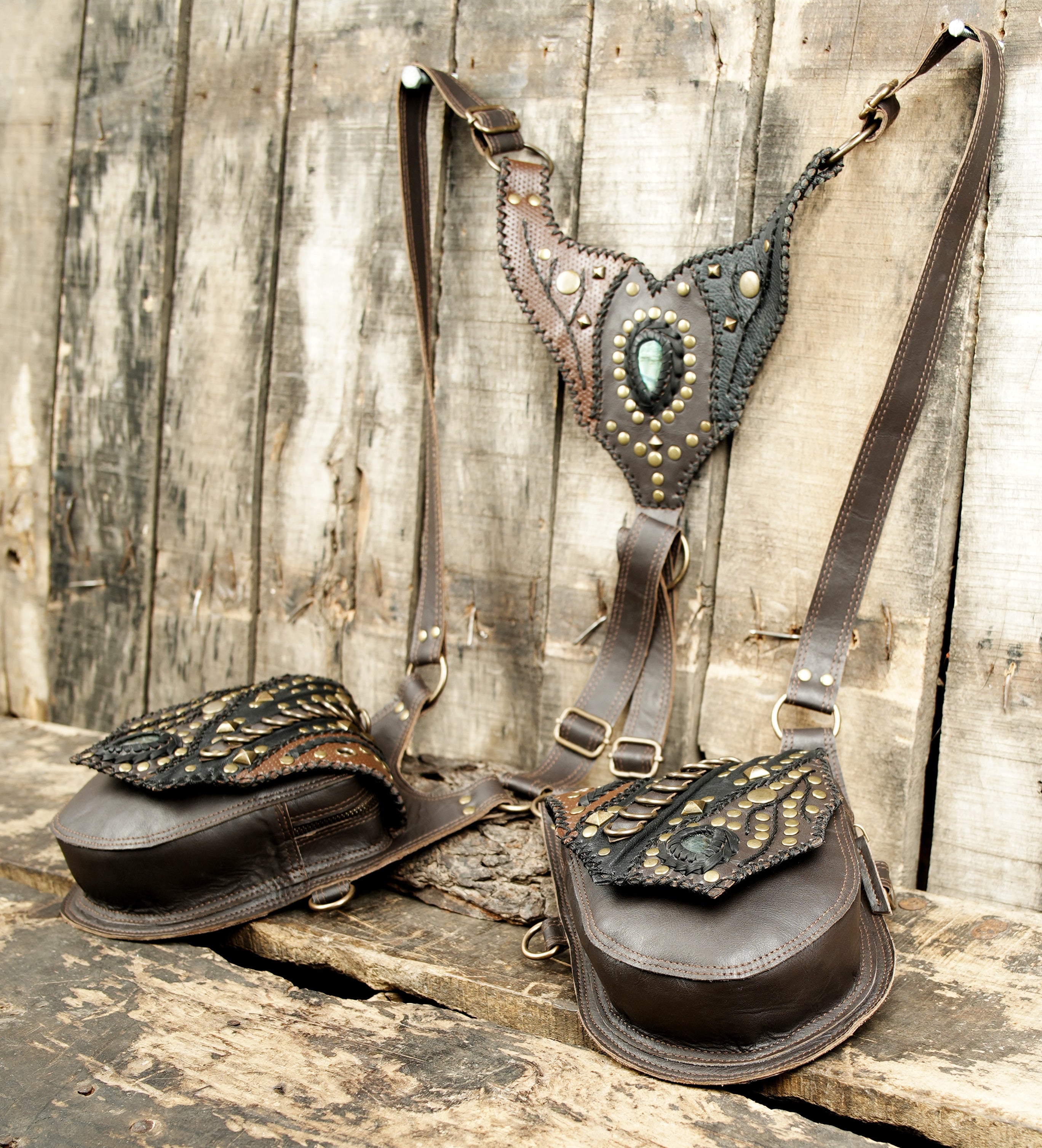 Premium handcrafted leather holster with decorative chain and rivets