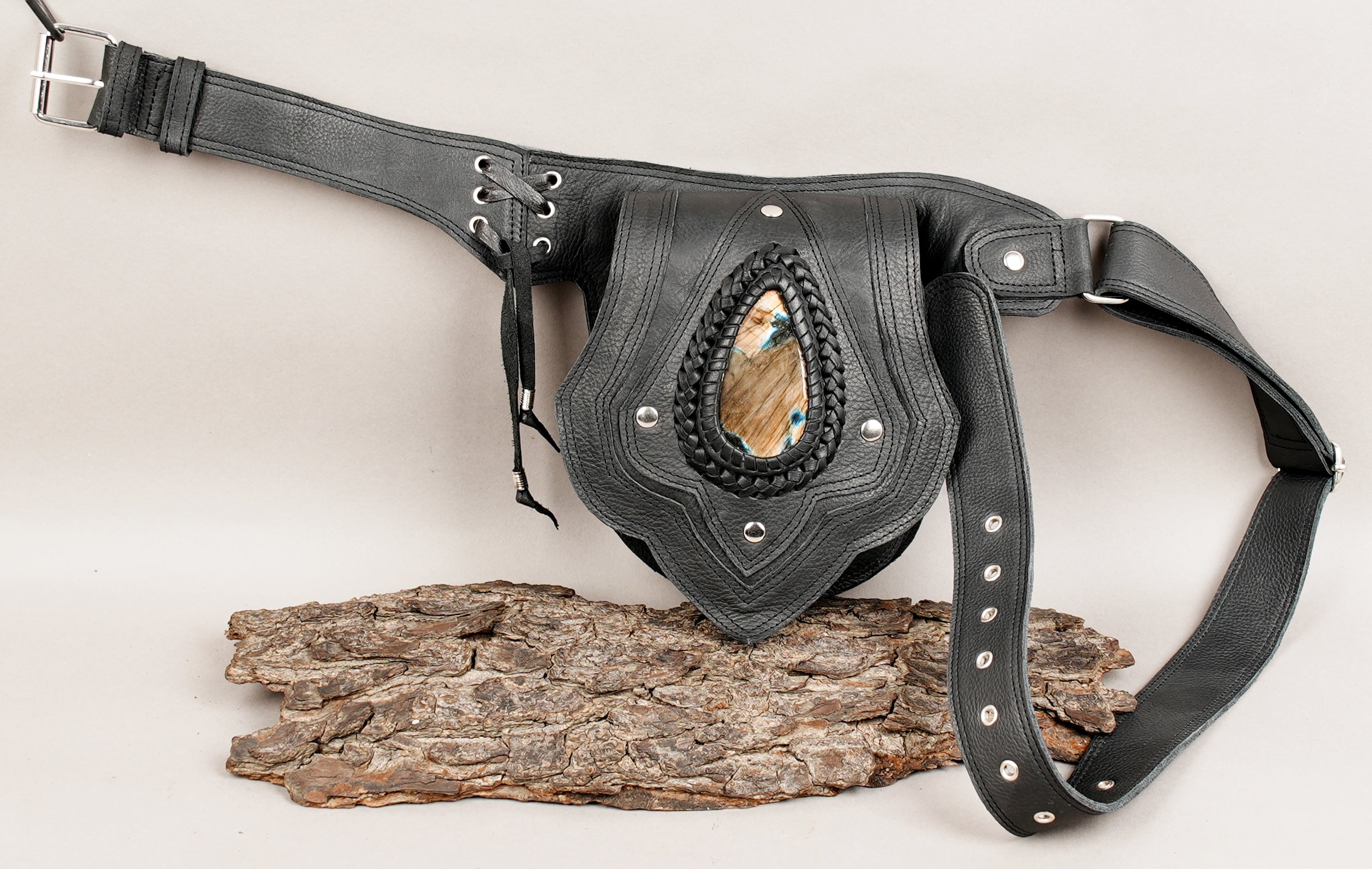 Handmade leather belt with gemstone and lace up side