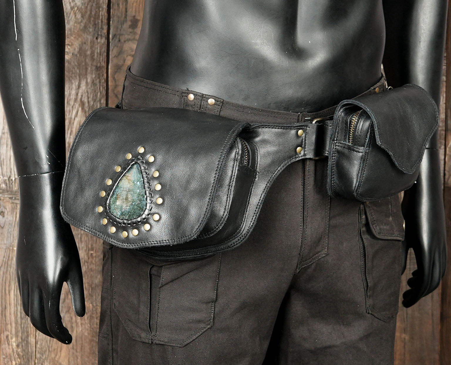 Buy Handmade Black Leather Belt Bag: Gemstone Fanny Pack, Tribal Boho Style Online in USA 