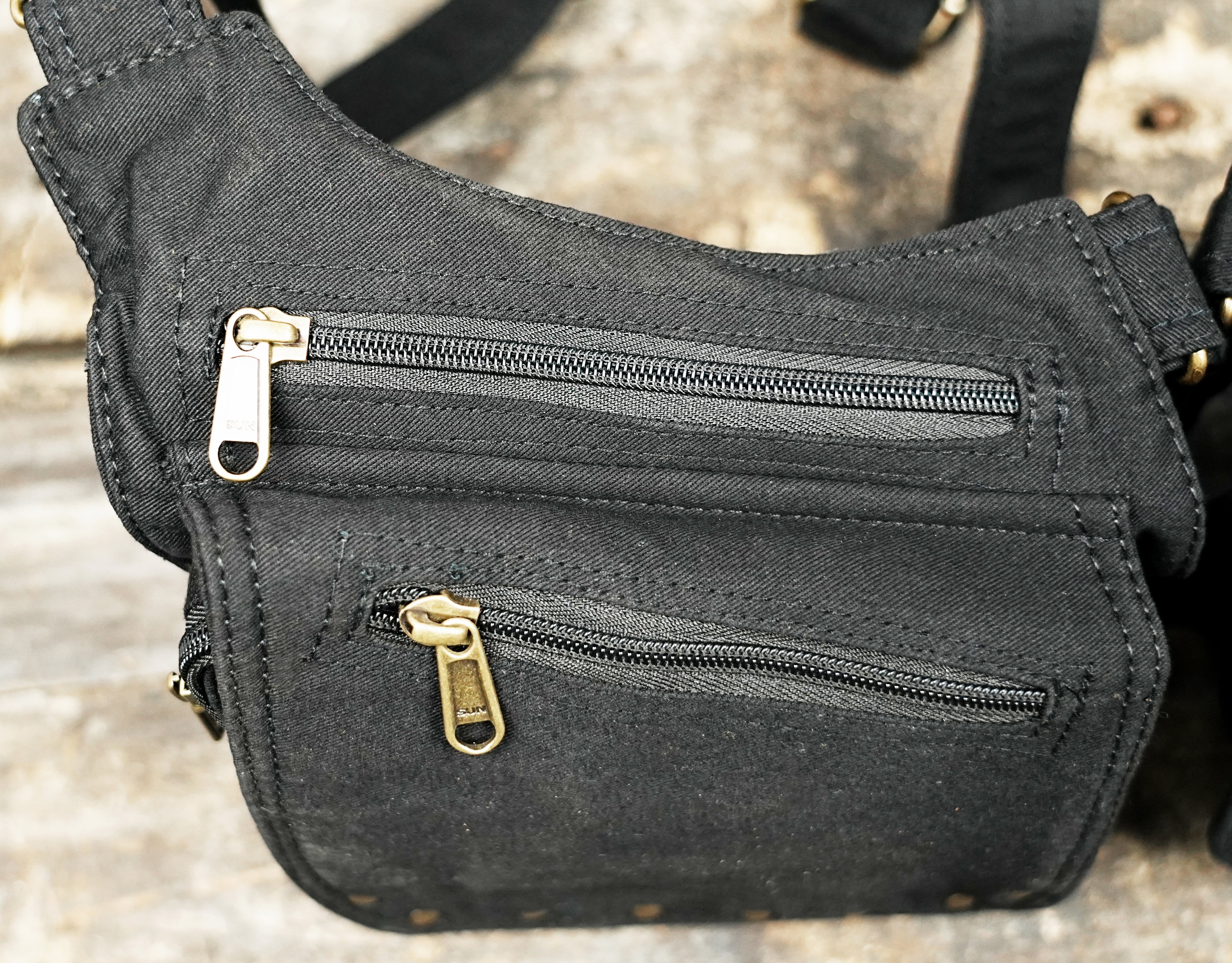 Cotton chest harness bag featuring front zip pockets