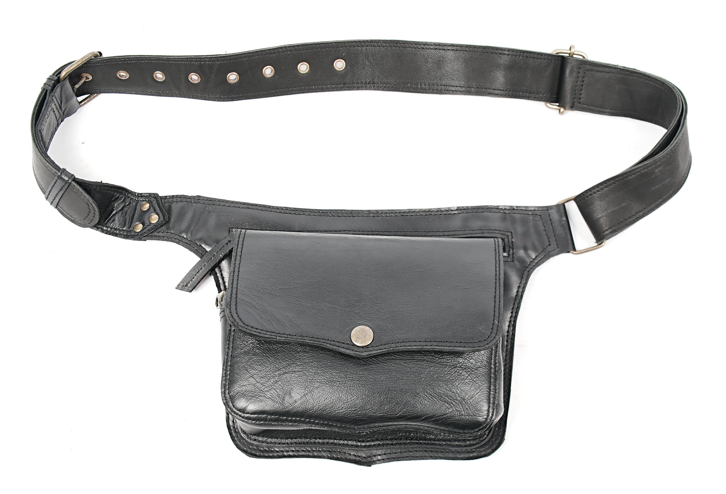 Black Genuine Leather Waist Belt Bag with Zip Pocket || Unisex Black Leather Belt Pouch with Zipper Closure (LT/AB/WB/6076)