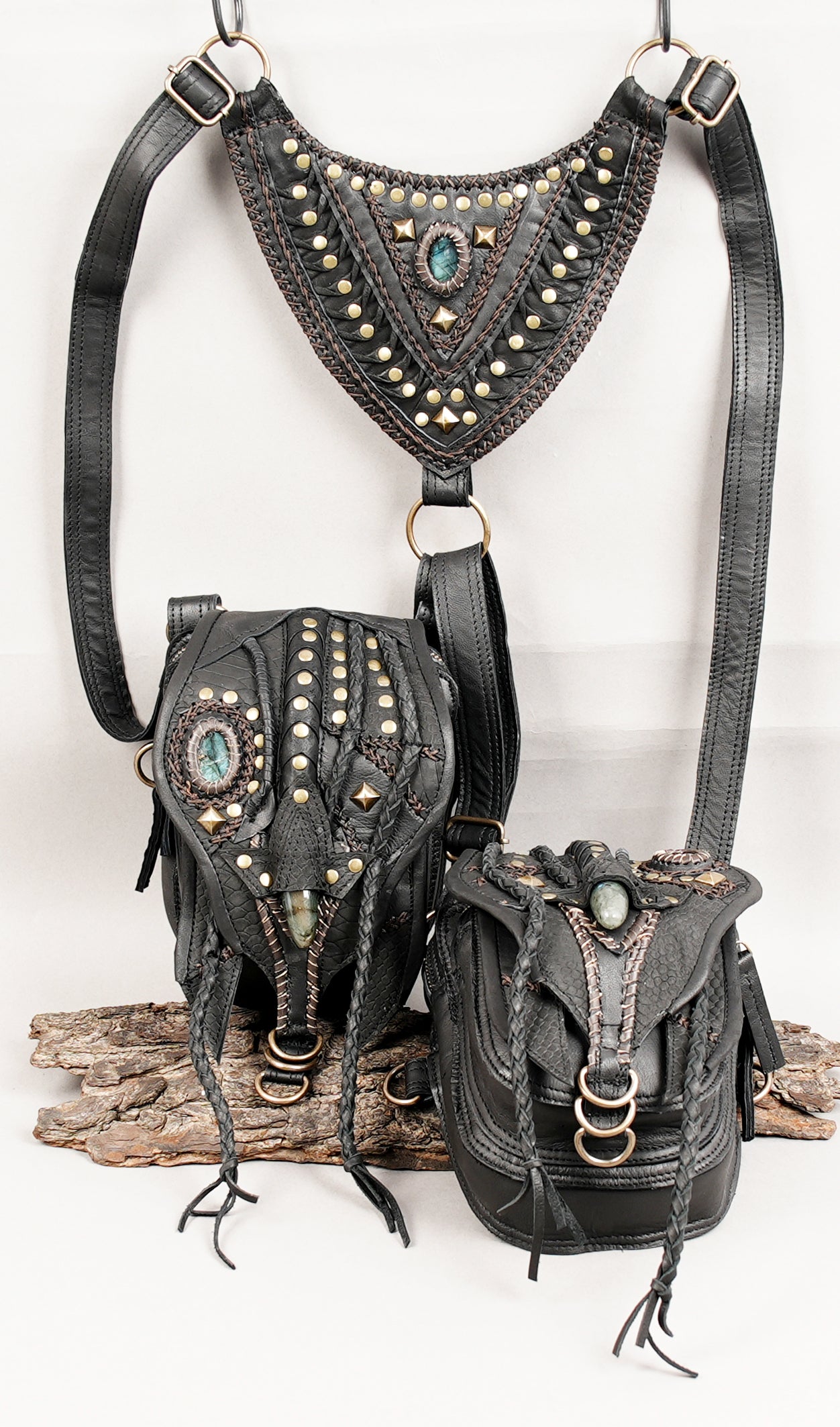 Premium leather dual pouch holster with decorative hardware