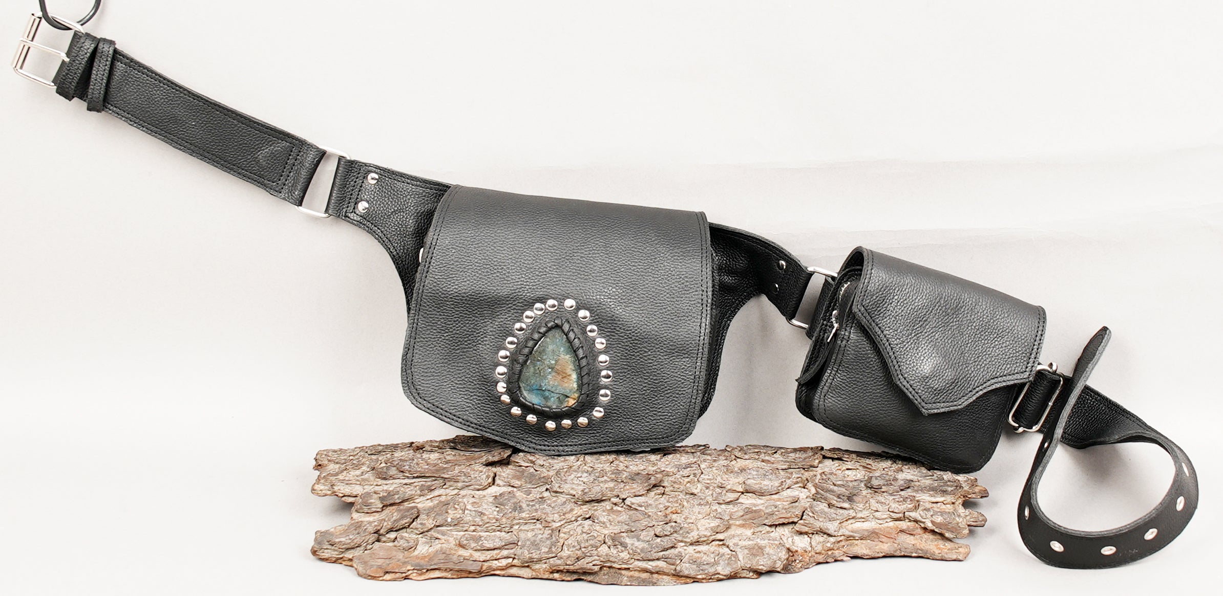 Black leather utility belt with decorative front pouch