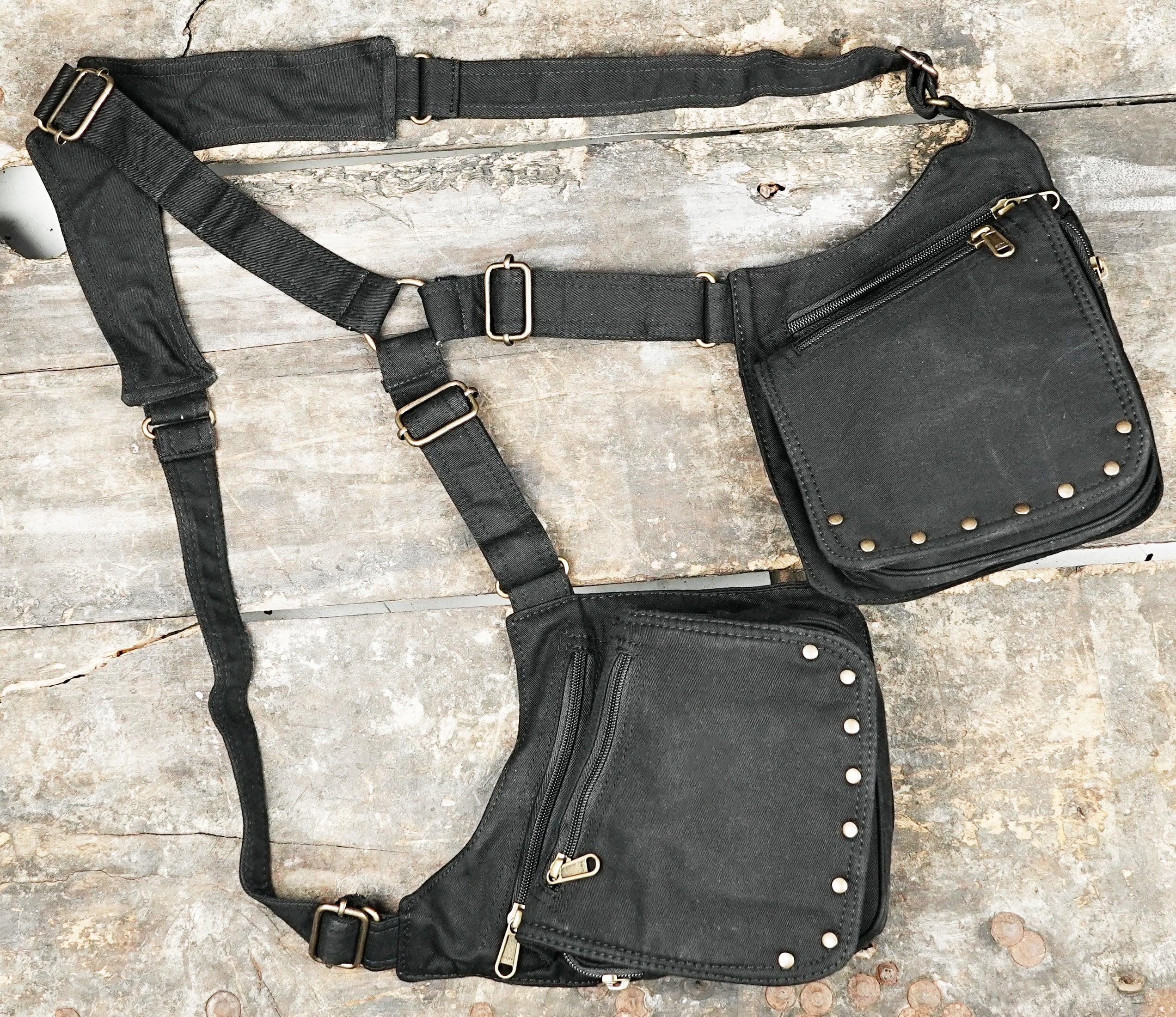 Streetwear body harness bag with studded pouch design
