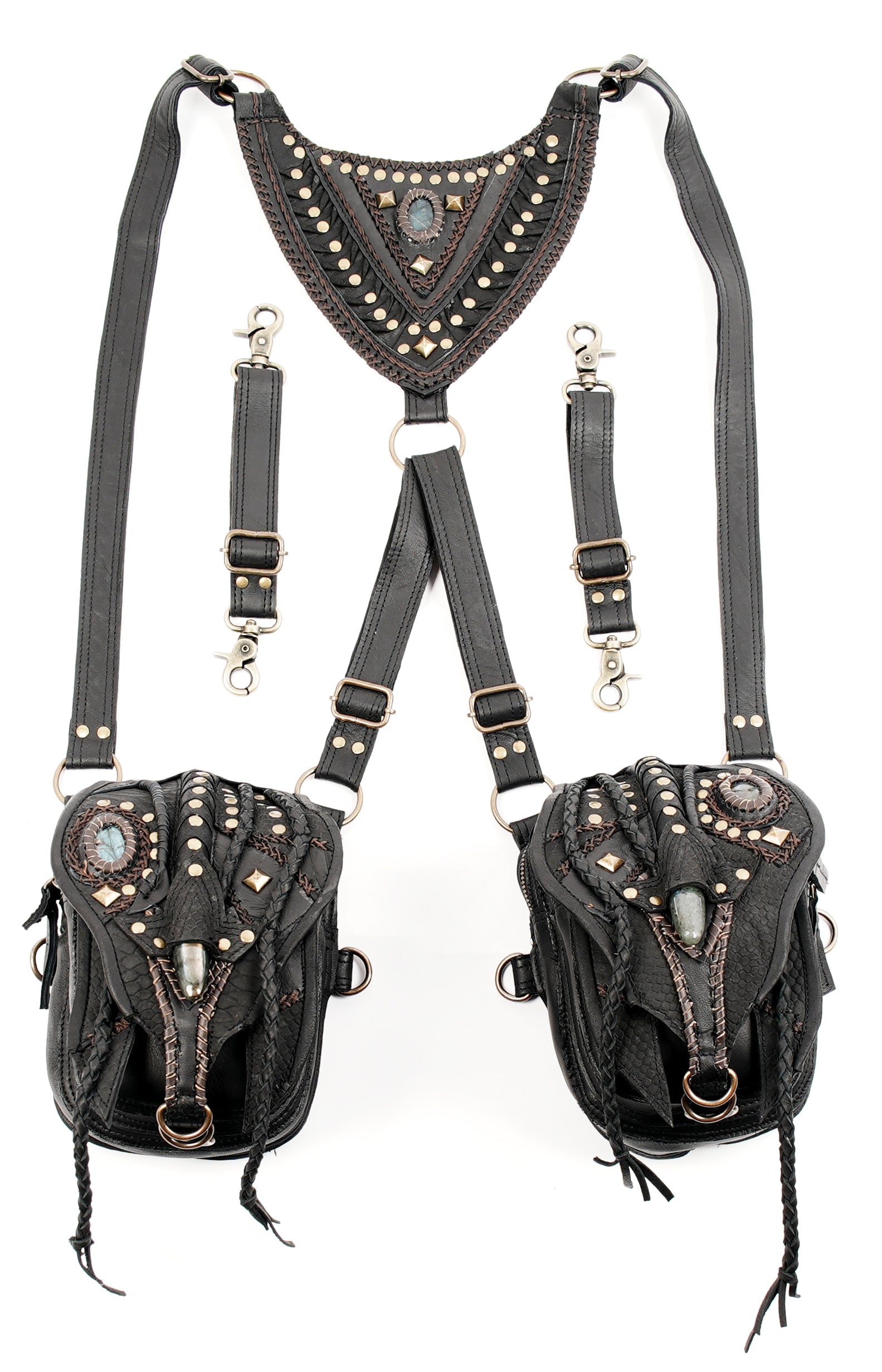 Handmade black leather utility harness for outdoor use