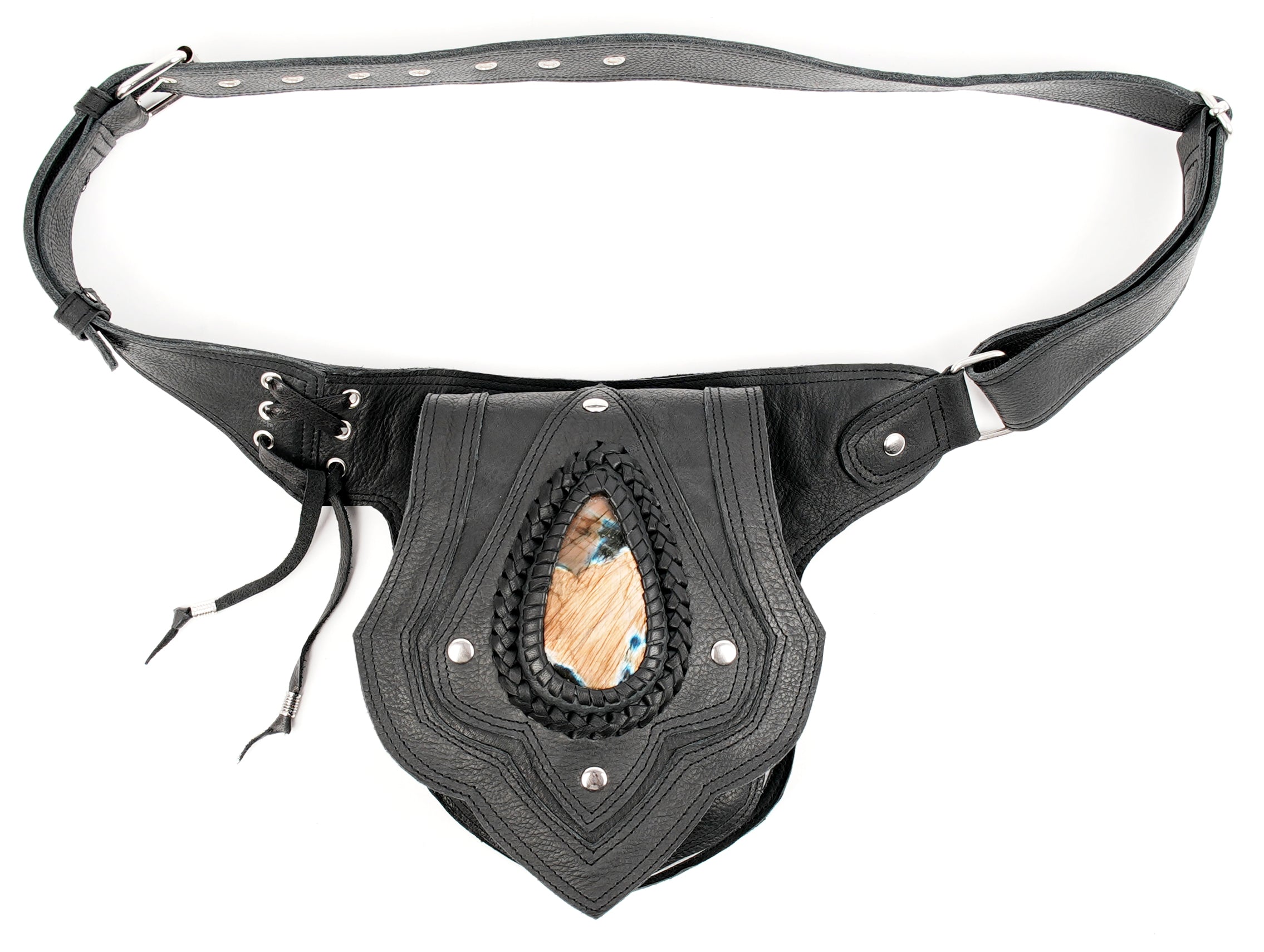 Rustic black leather waist belt with gemstone centerpiece
