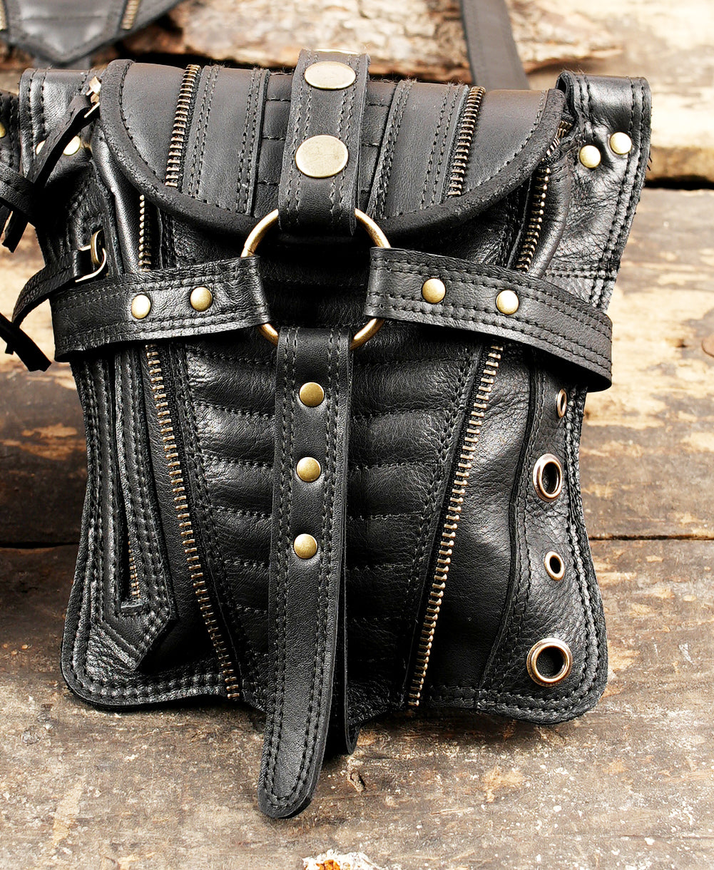 Buy Handmade Black Leather Stylish Holster Belt Bag Festival  with zipper 