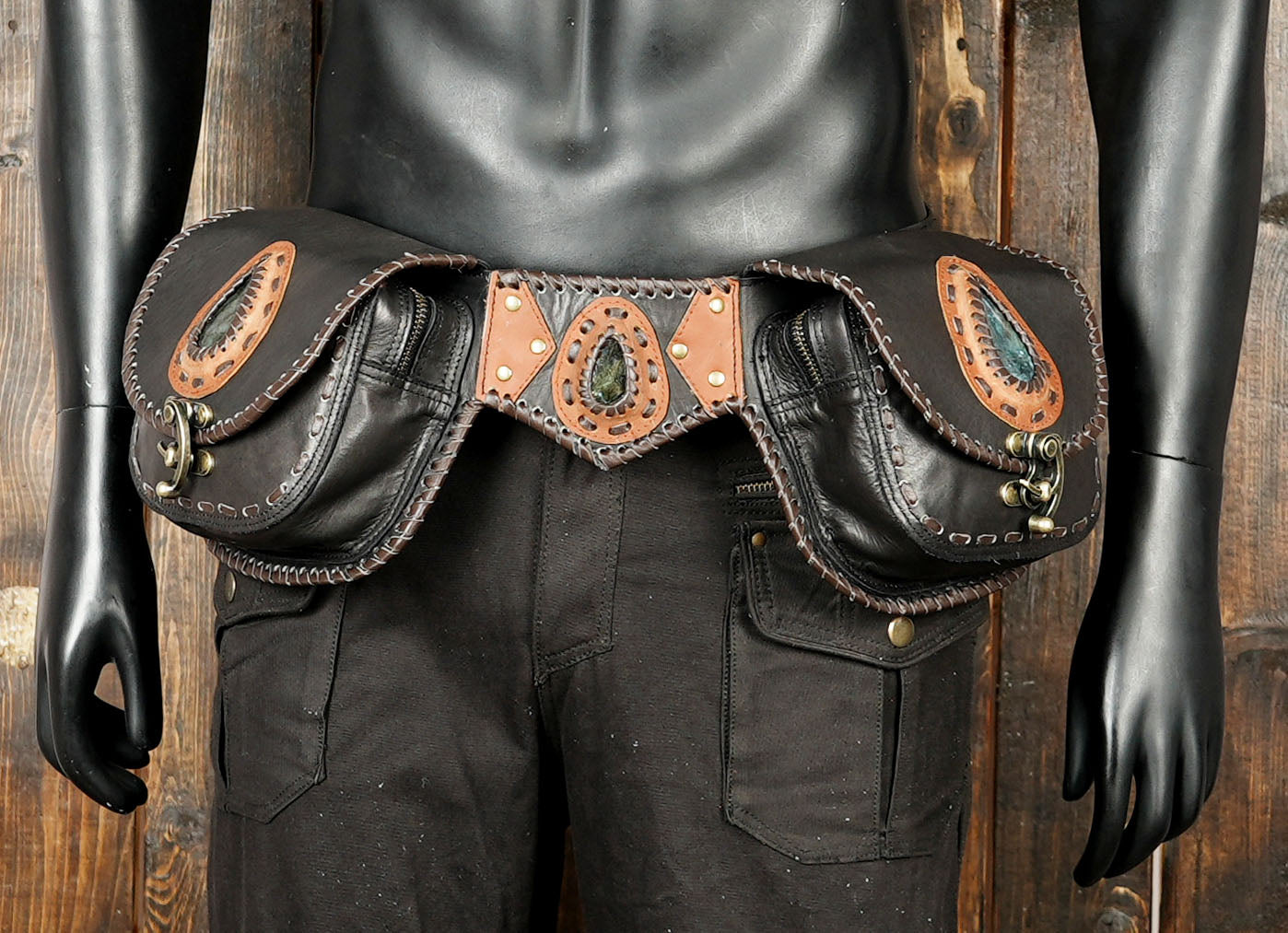 Leather adventure waist belt with dual compartments and gemstone embellishments