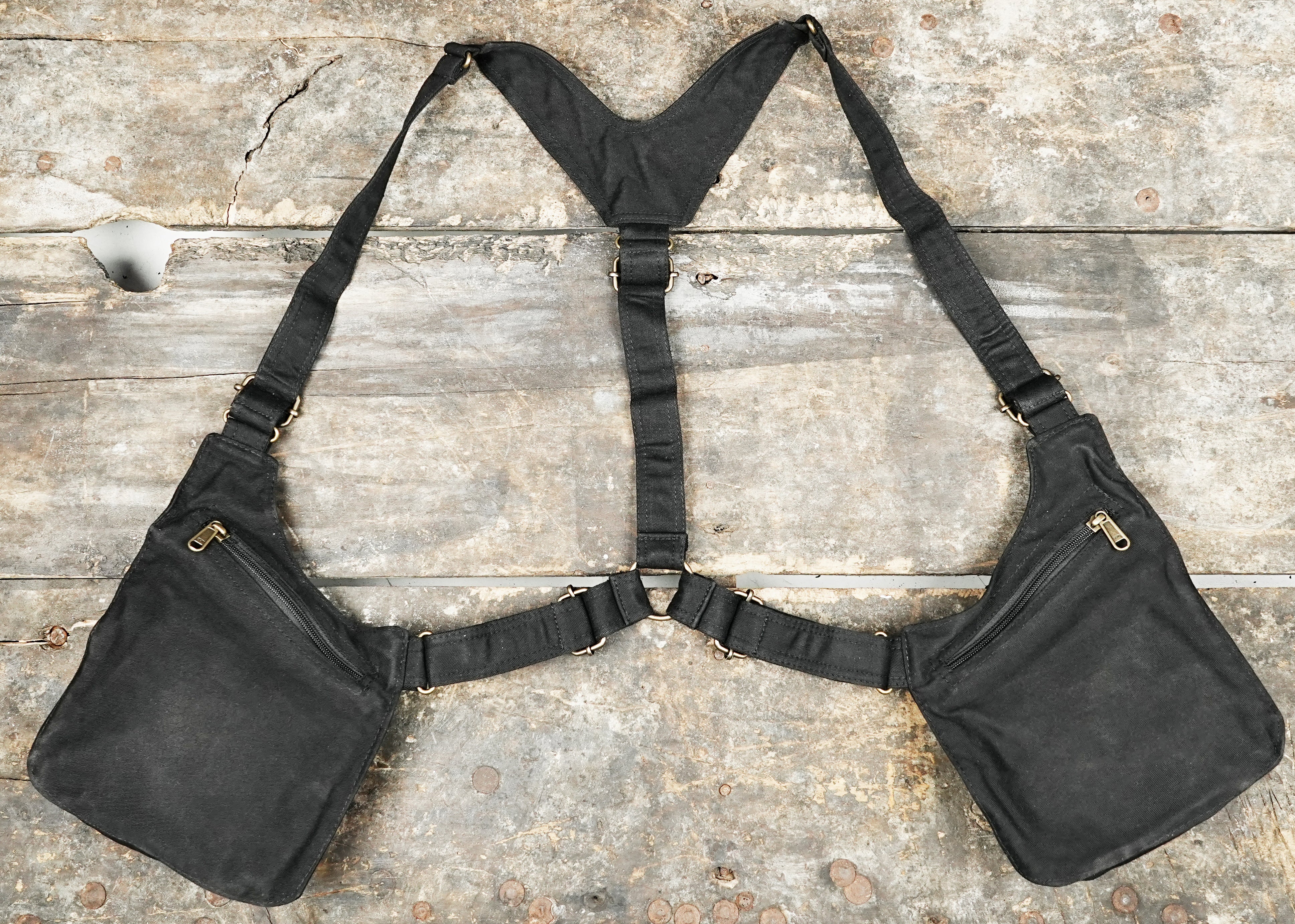 Punk style harness bag with dual zip pouches