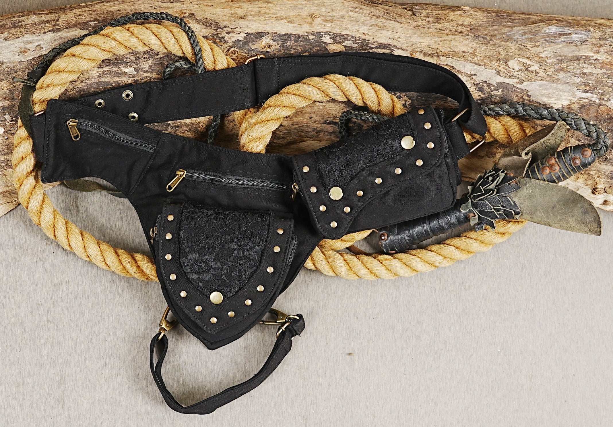 Motorcycle drop leg side pouch made from breathable handmade cotton fabric.