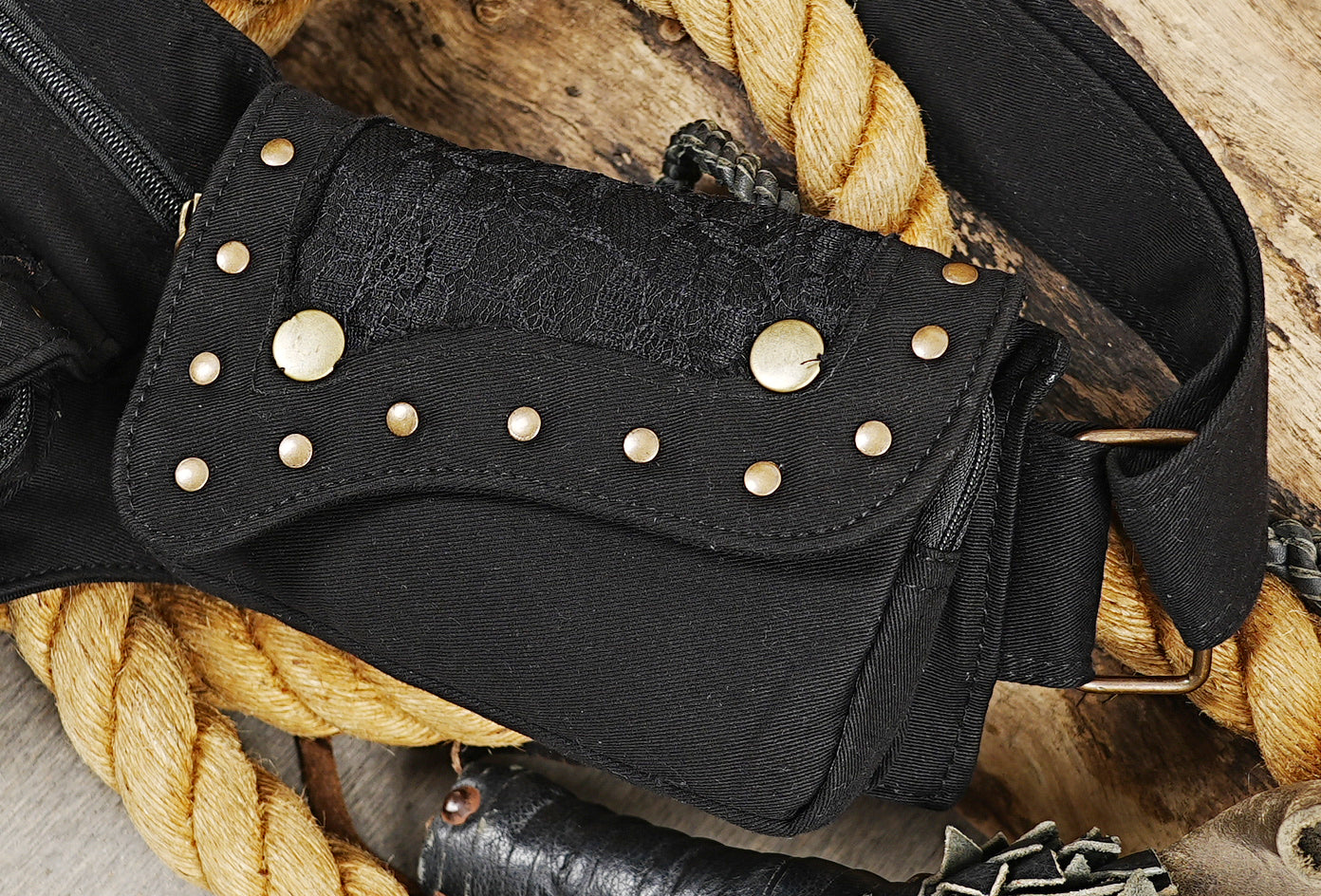 Steampunk utility hip pouch in durable cotton canvas with antique brass hardware.