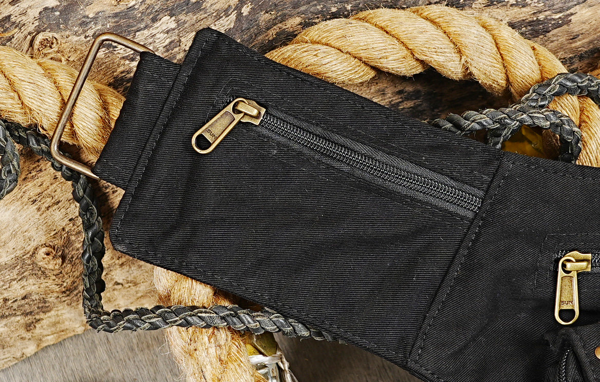 Utility drop leg fanny pack in cotton canvas for rave festivals and motorcycle trips.