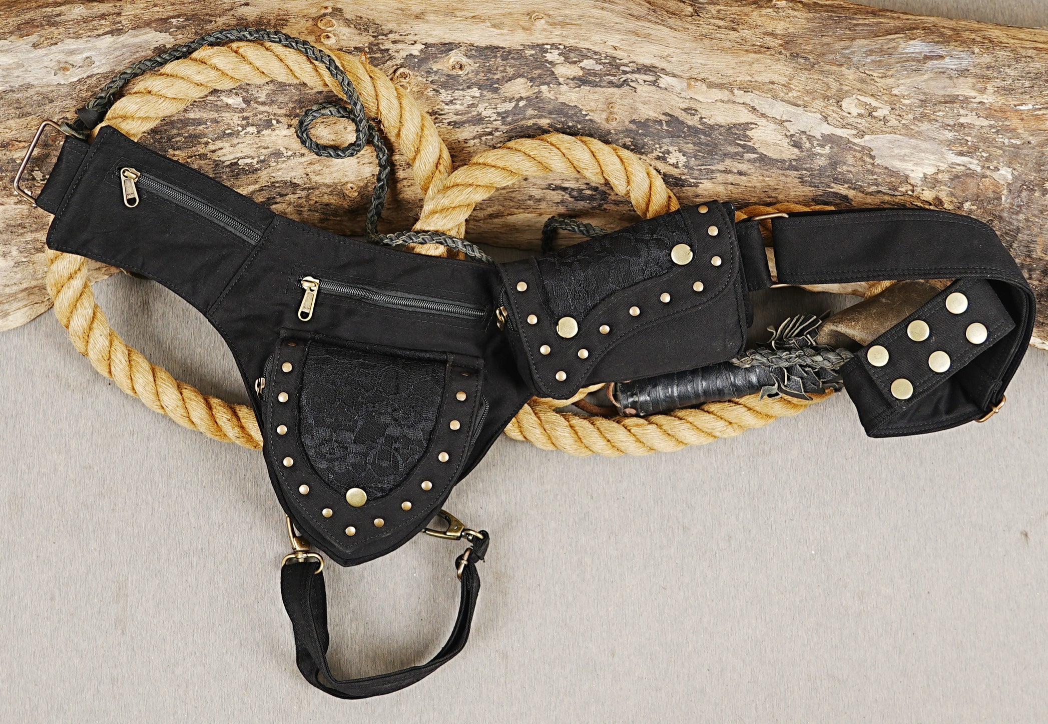 Handmade drop leg utility belt bag for outdoor travel, psytrance raves, and music festivals.