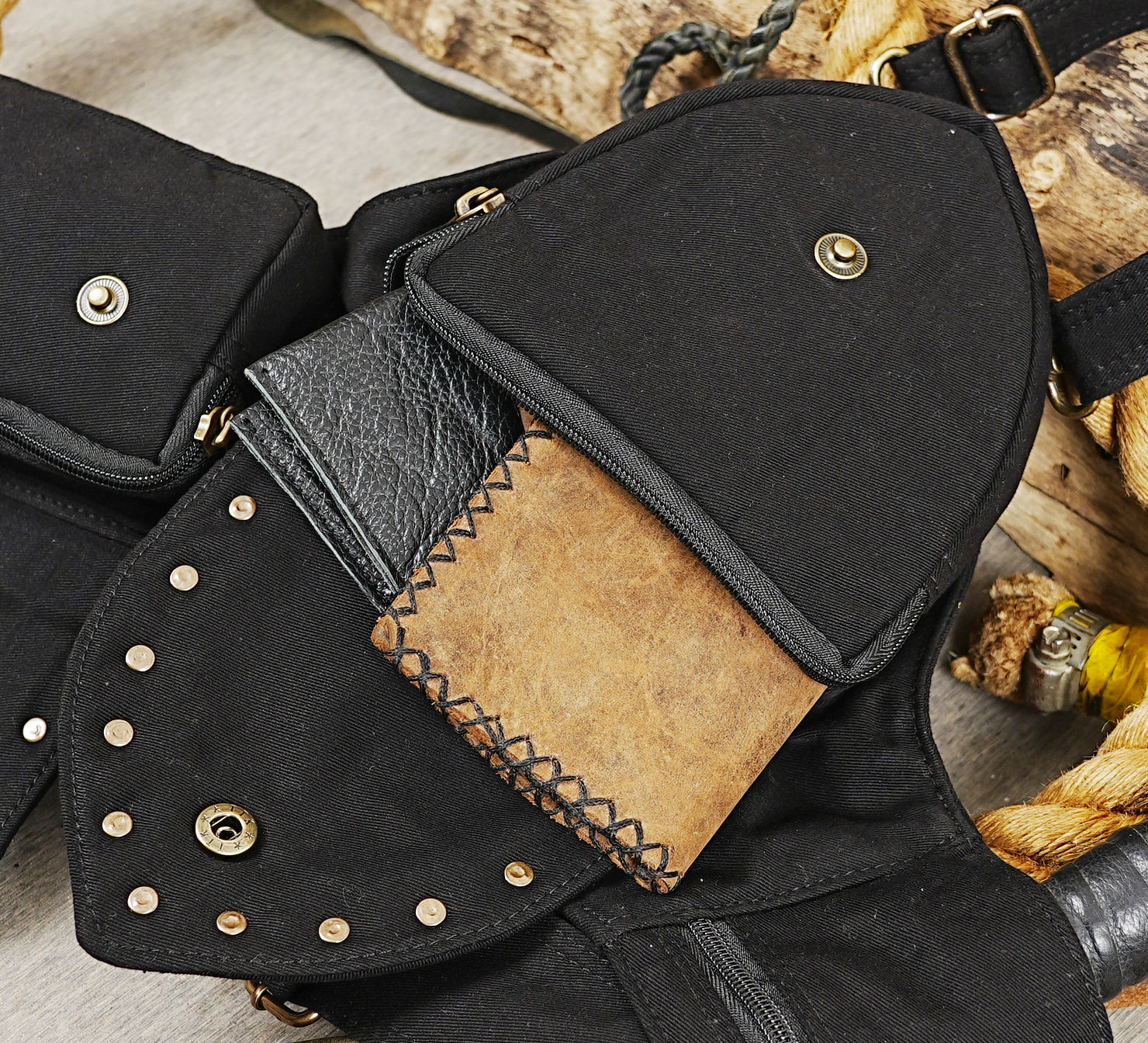 Boho psytrance festival utility thigh pouch in durable dark cotton fabric with stud trim.