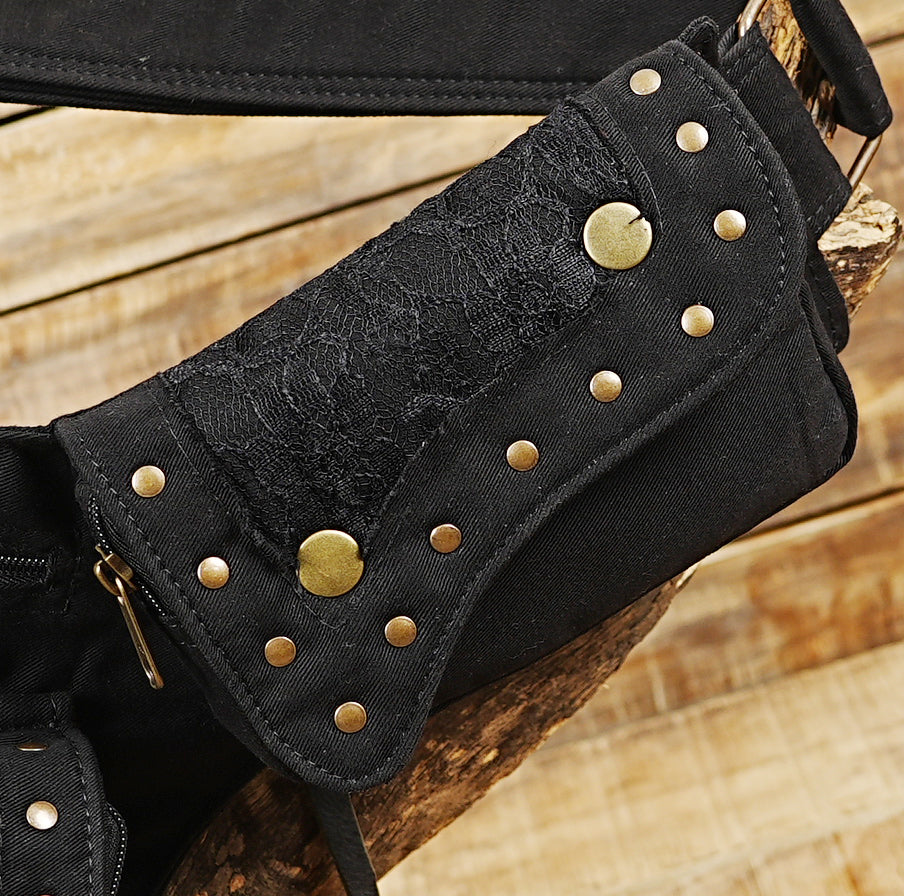 Bohemian gothic festival waist belt with detachable leg strap and floral lace trim.