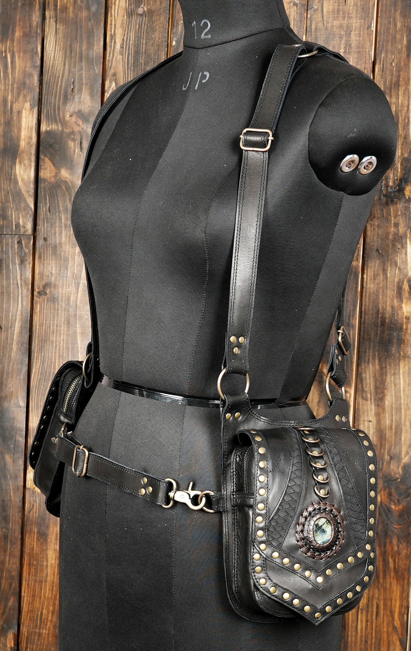 Dual pocket holster bag made of genuine black leather
