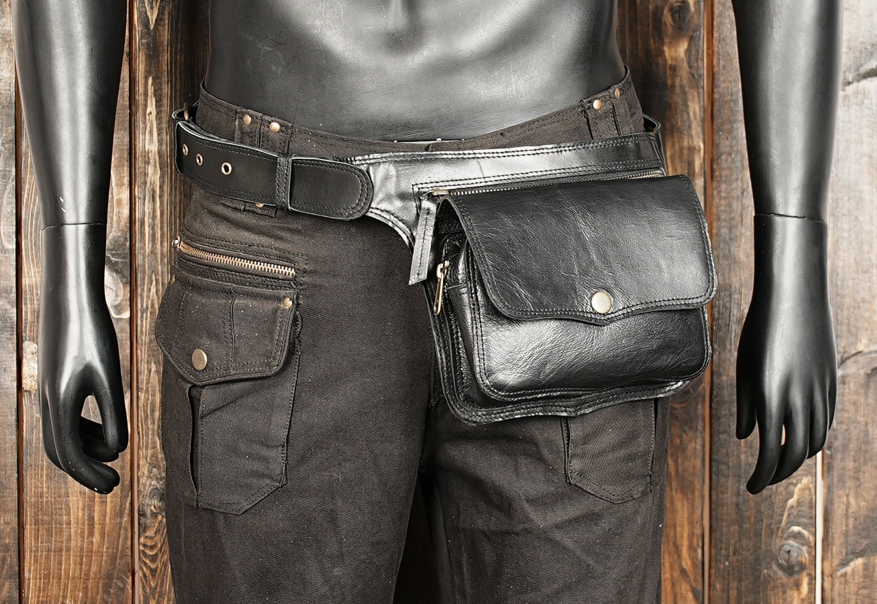 Black leather belt bag with zip top and snap front pocket