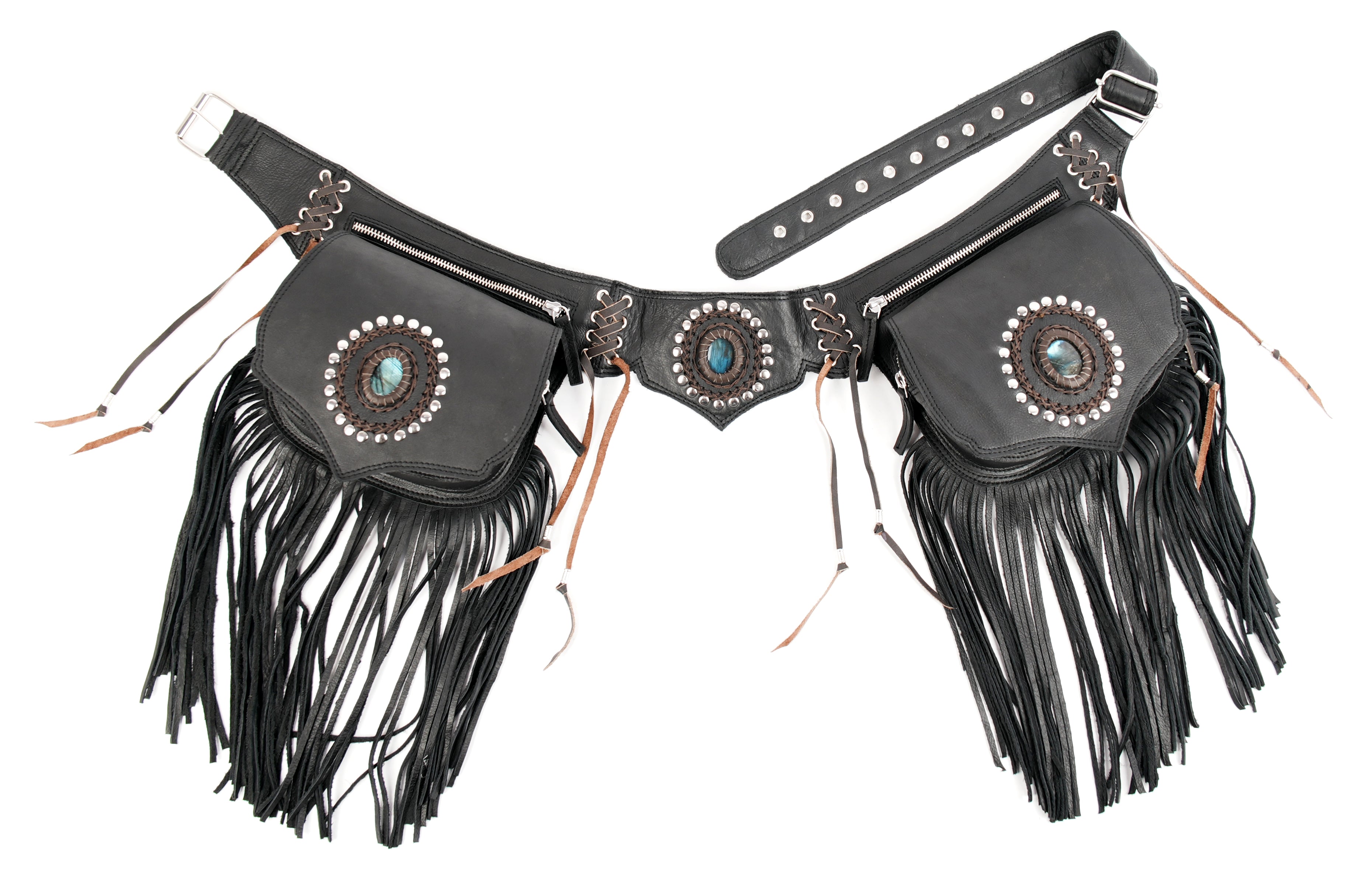 Unisex leather waist belt with decorative stone details