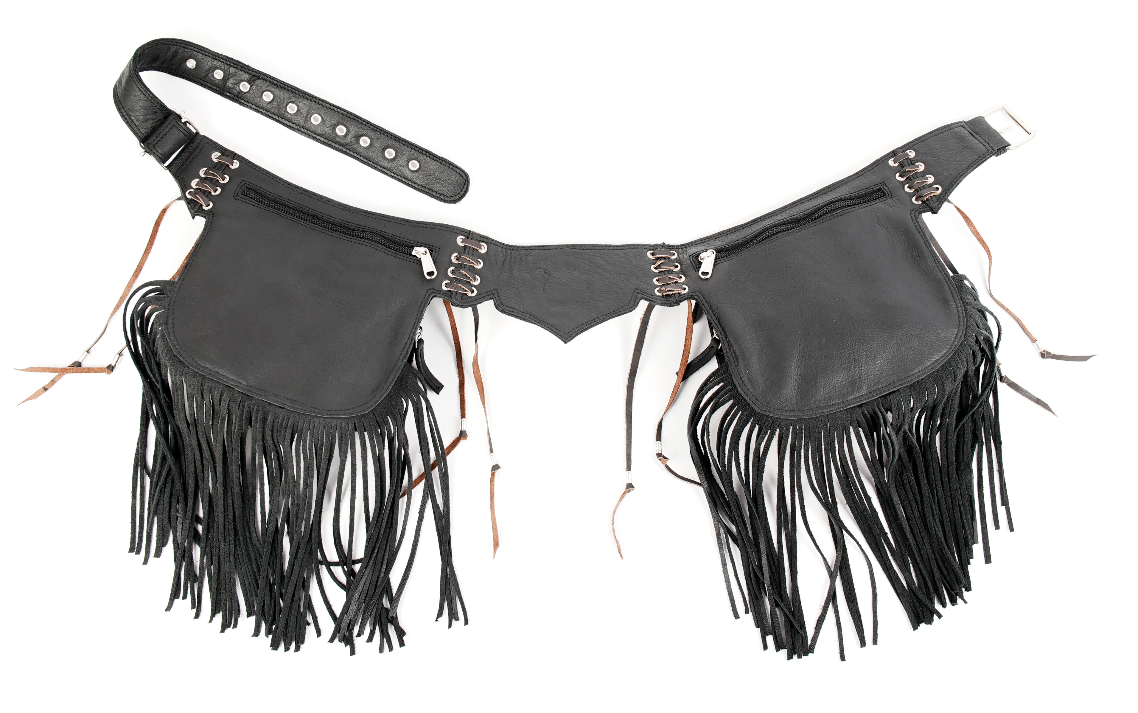 Leather waist belt with tassel fringe and secure pockets