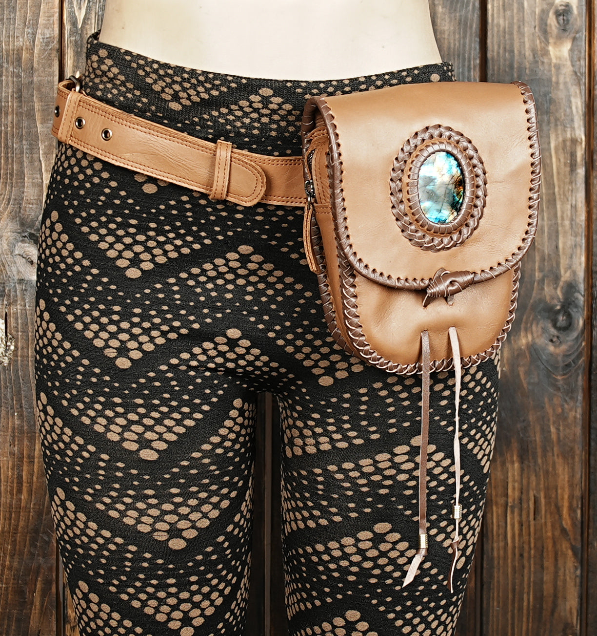 Rustic style leather waist belt bag with natural stone detail