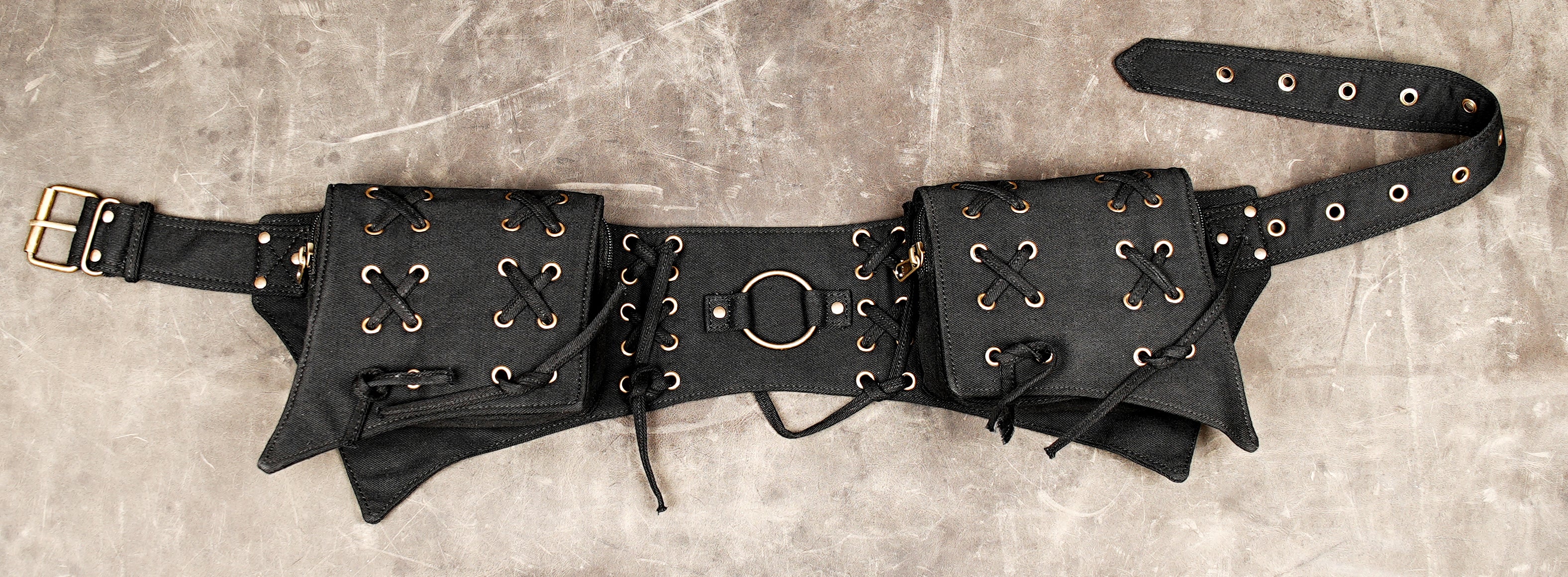 Black cotton utility waist belt with pouches