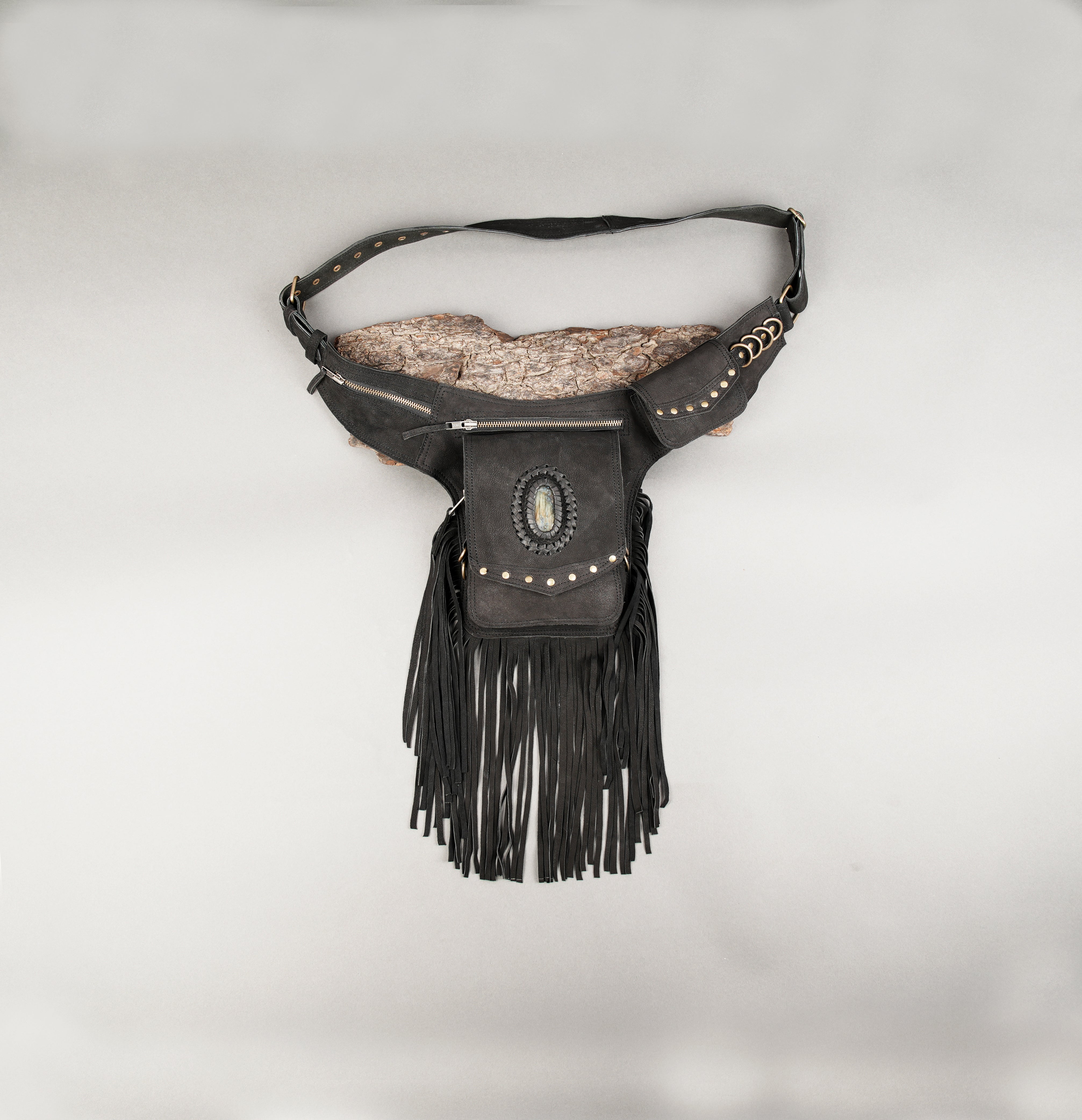 Handmade black leather waist belt with fringe and gemstone centerpiece