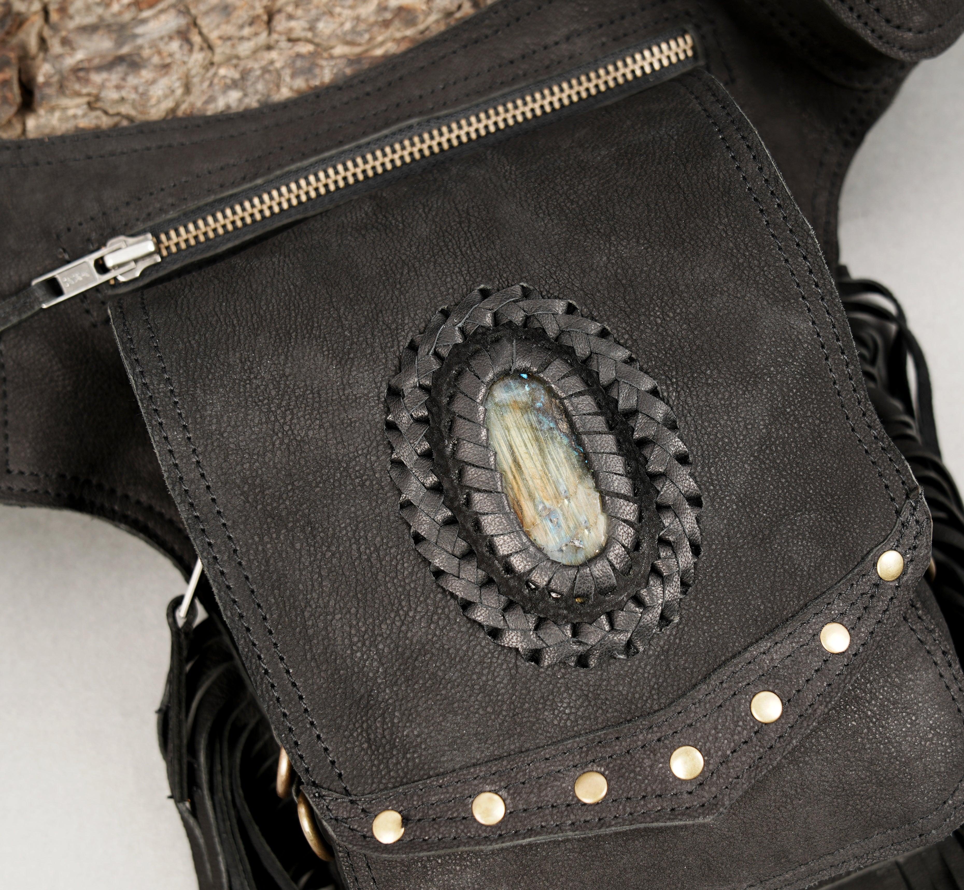 Handcrafted Black Leather Waist Belt with Fringe and Gemstone || Boho Leather Waist Belt Bag with Fringe and Utility Pockets (LT/AB/WB/6183)