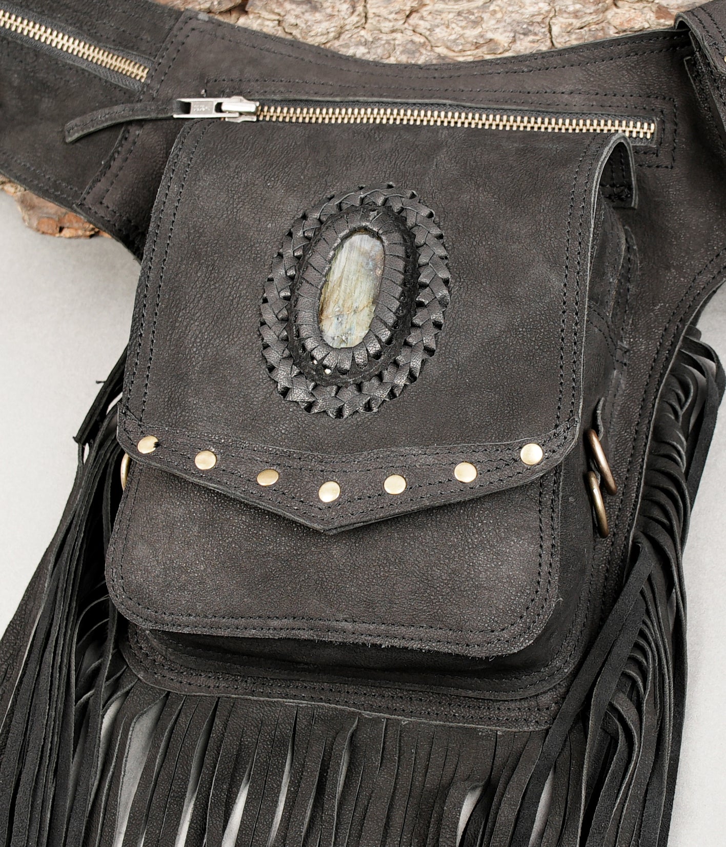 Artisan leather utility waist belt with natural gemstone and tassels