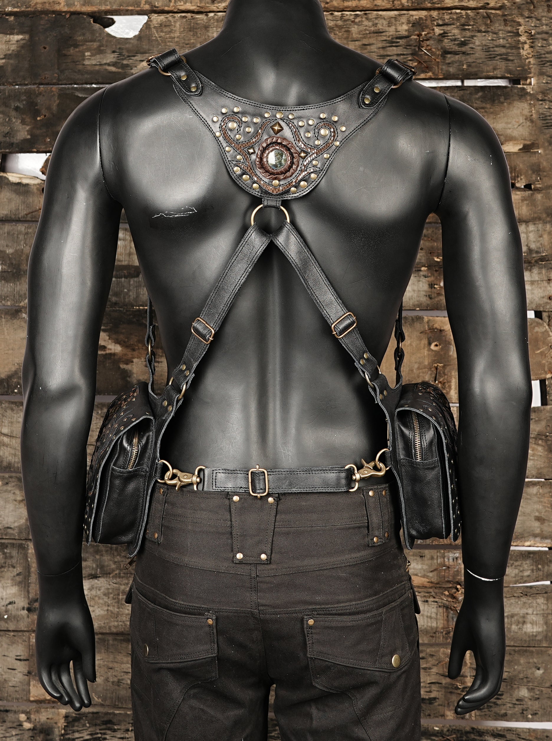 Handmade adjustable leather body holster with stud accents