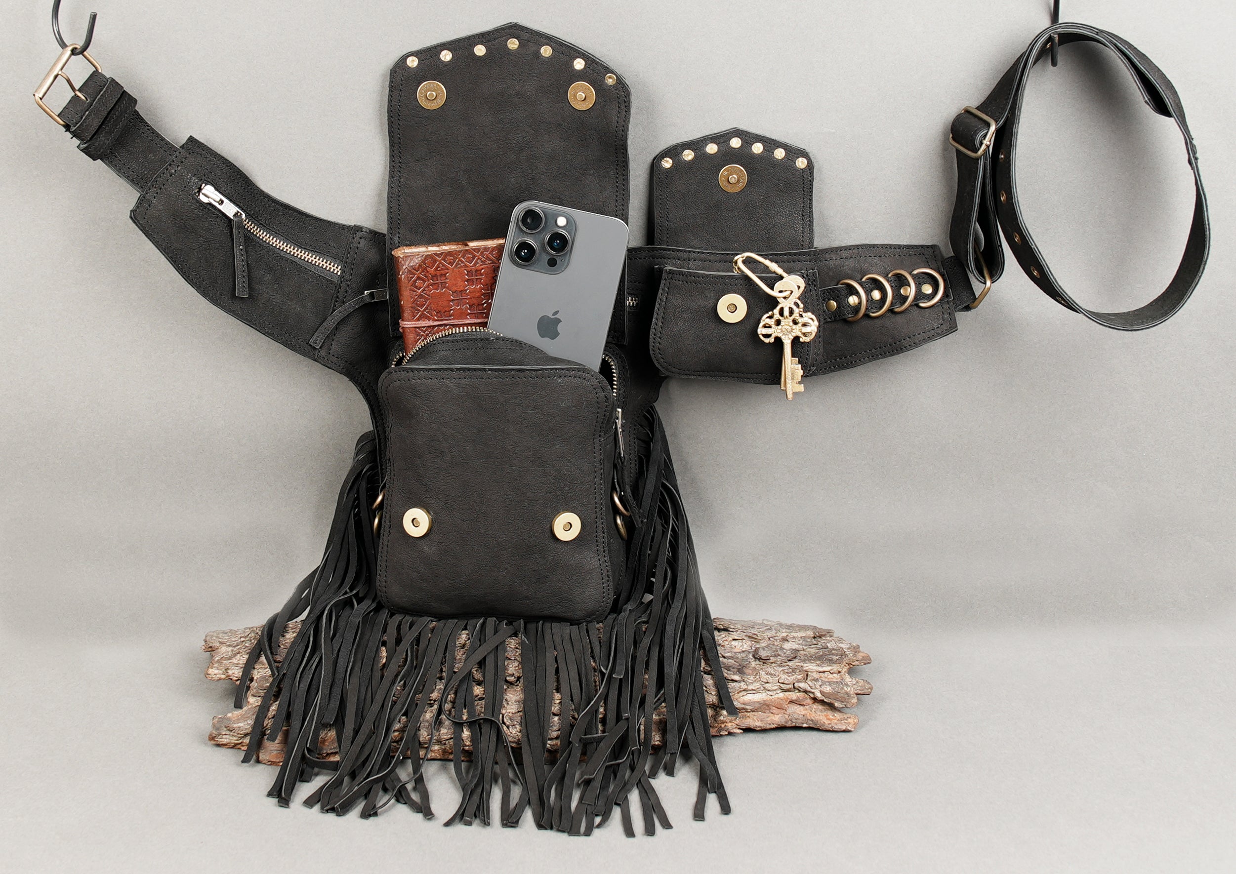 Festival ready leather waist belt bag with boho style fringe