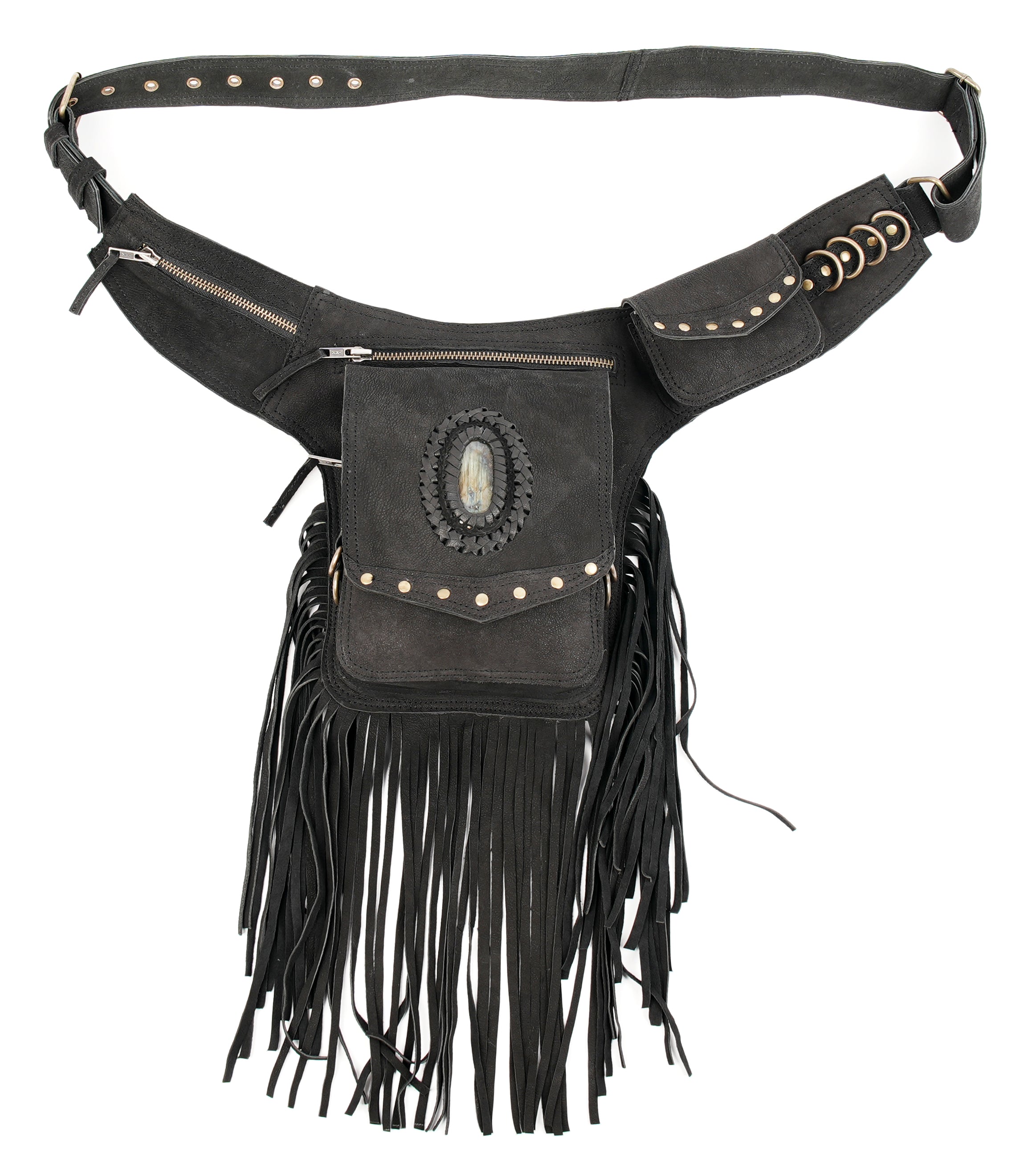 Hand stitched leather utility belt with bohemian fringe design
