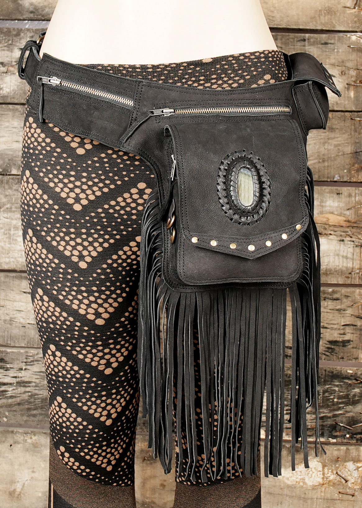 Boho style leather waist belt with gemstone and utility pockets