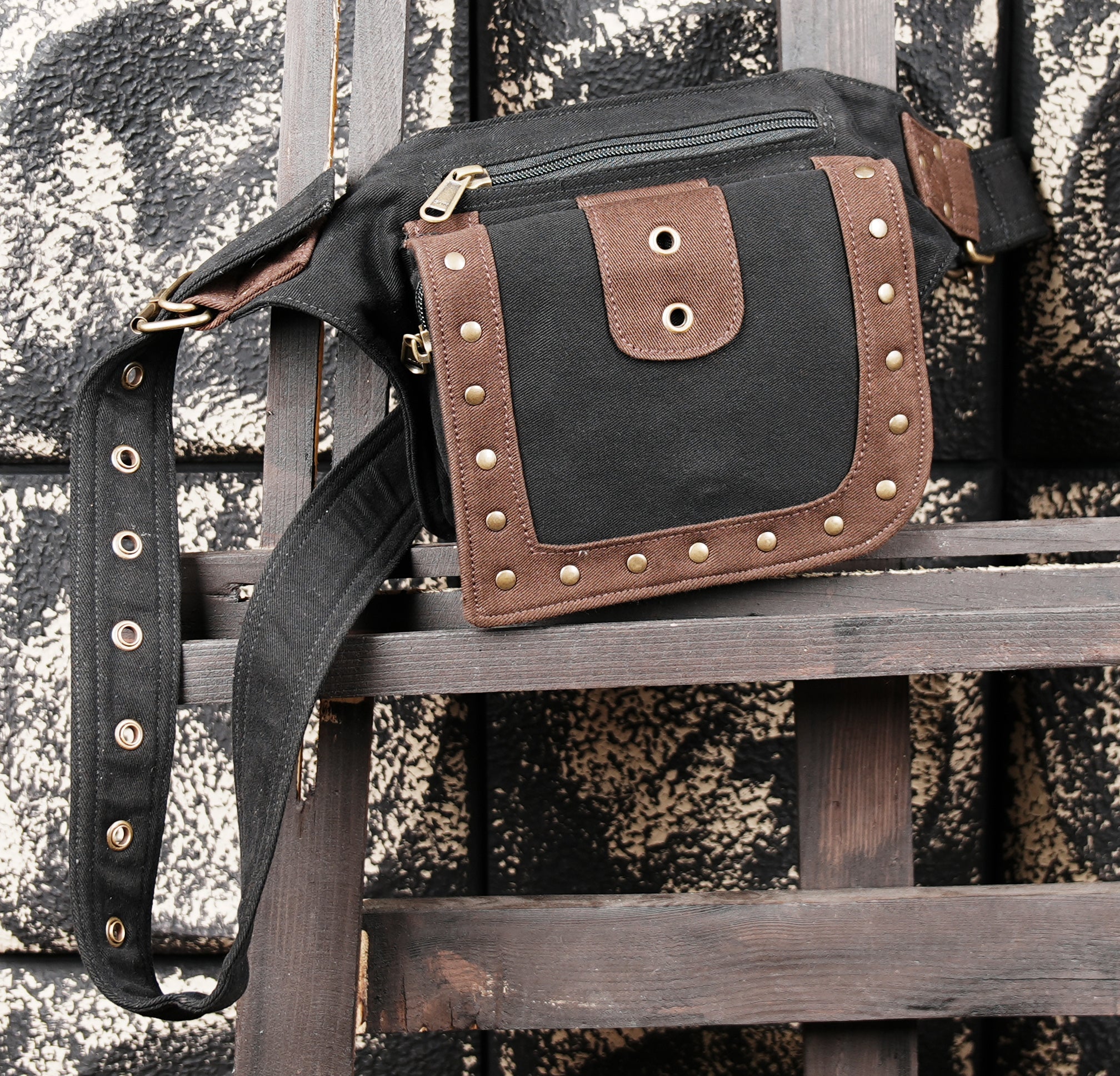 Utility belt pouch with antique brass buckle hardware