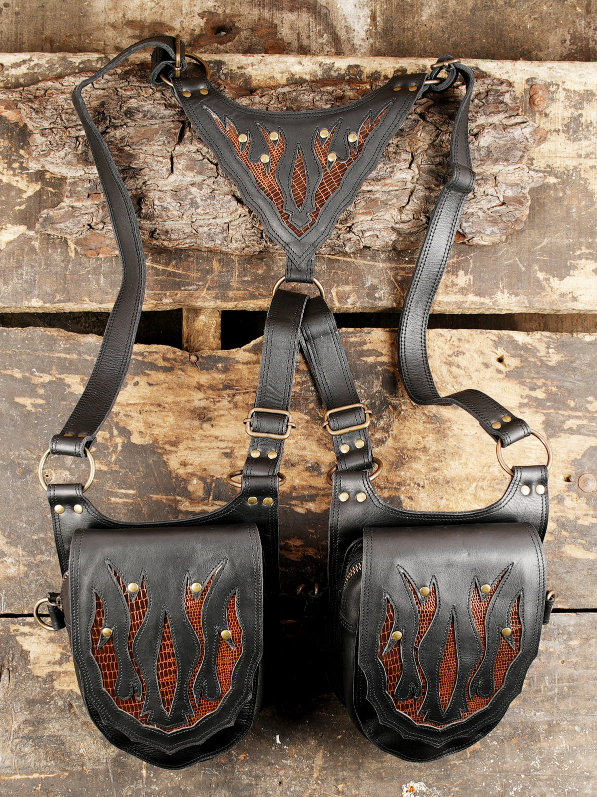 Alternative fashion leather holster harness with rugged finish
