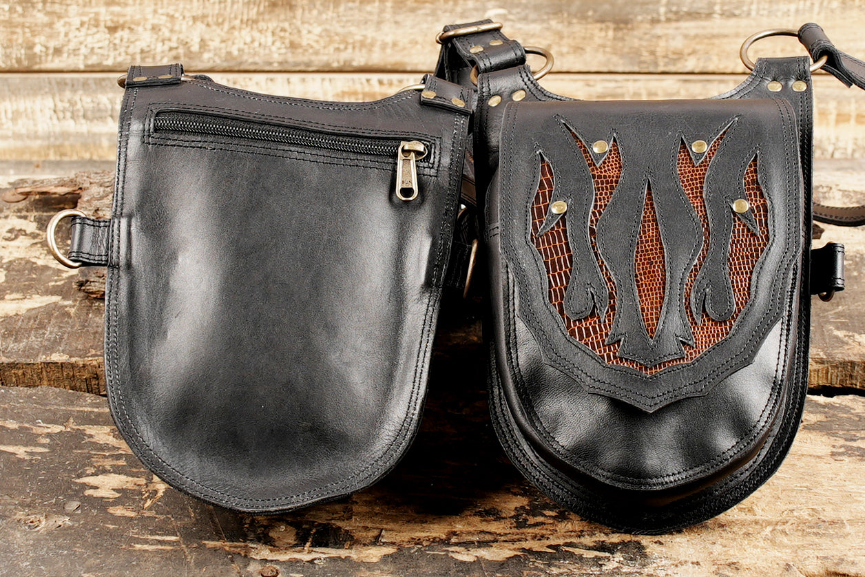Gothic style leather holster with flame detail and rivet accents