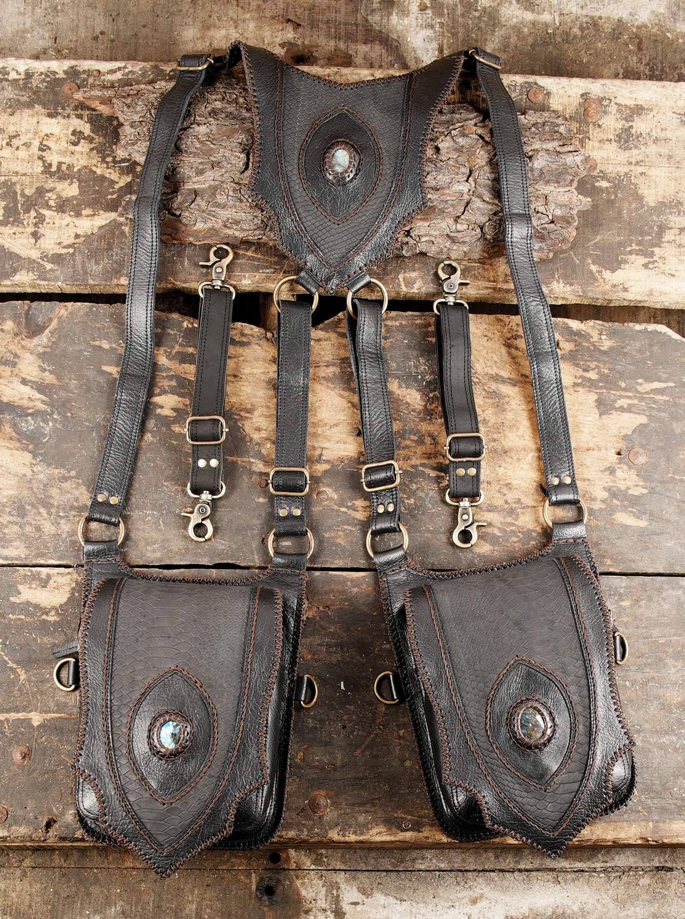 Handcrafted Dark Leather Dual Pocket Shoulder Holster With Stone Details || Tribal Style Dual Pocket Leather Harness With Decorative Stitching (LT/AB/HLS/6114)