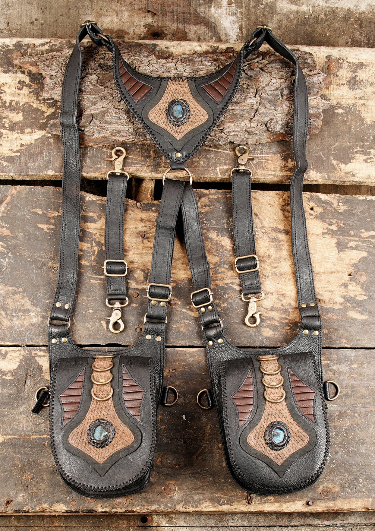 Handmade leather double pouch holster with gemstone and tribal design