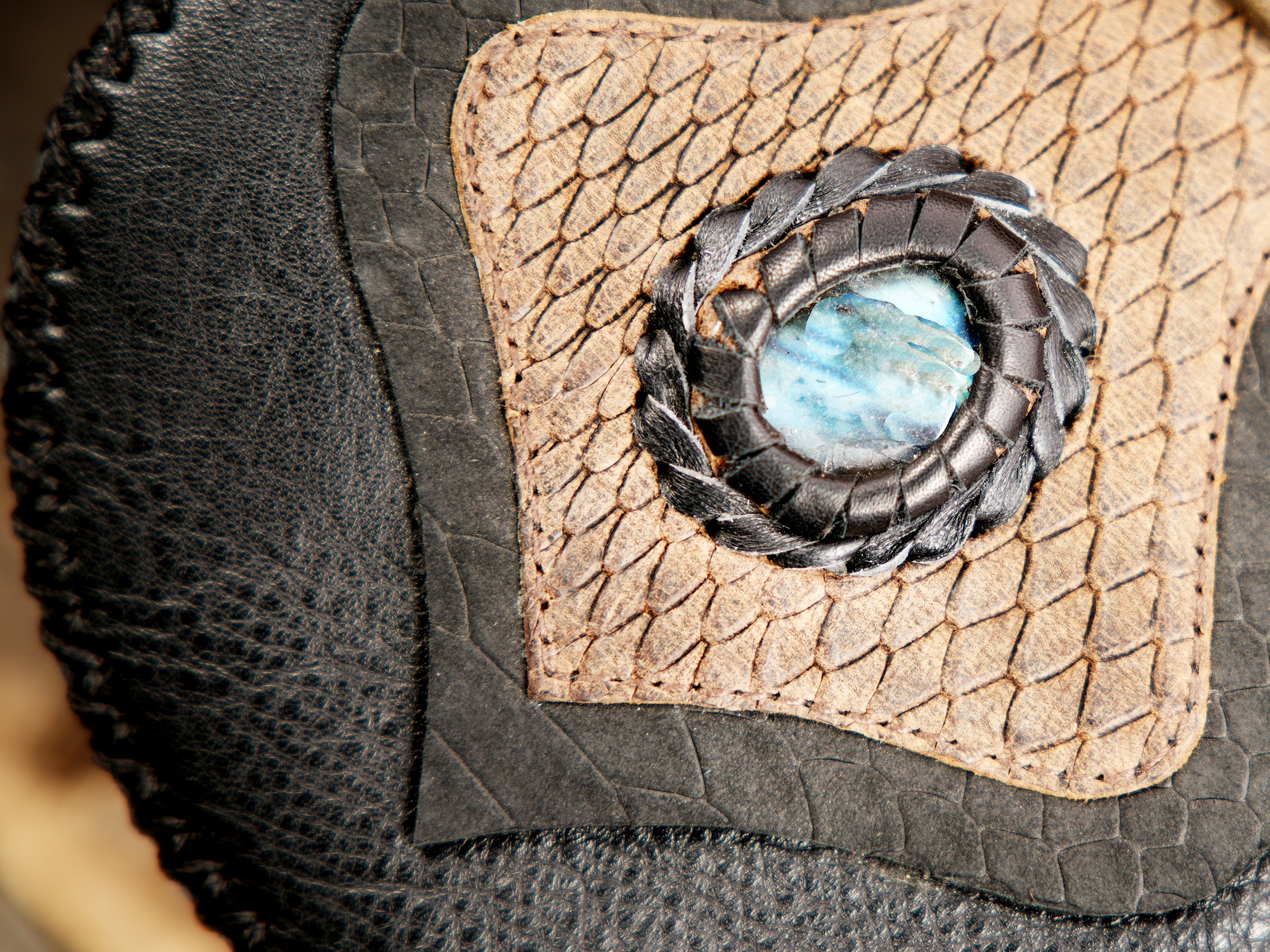 Steampunk leather double pouch holster with detailed stitching