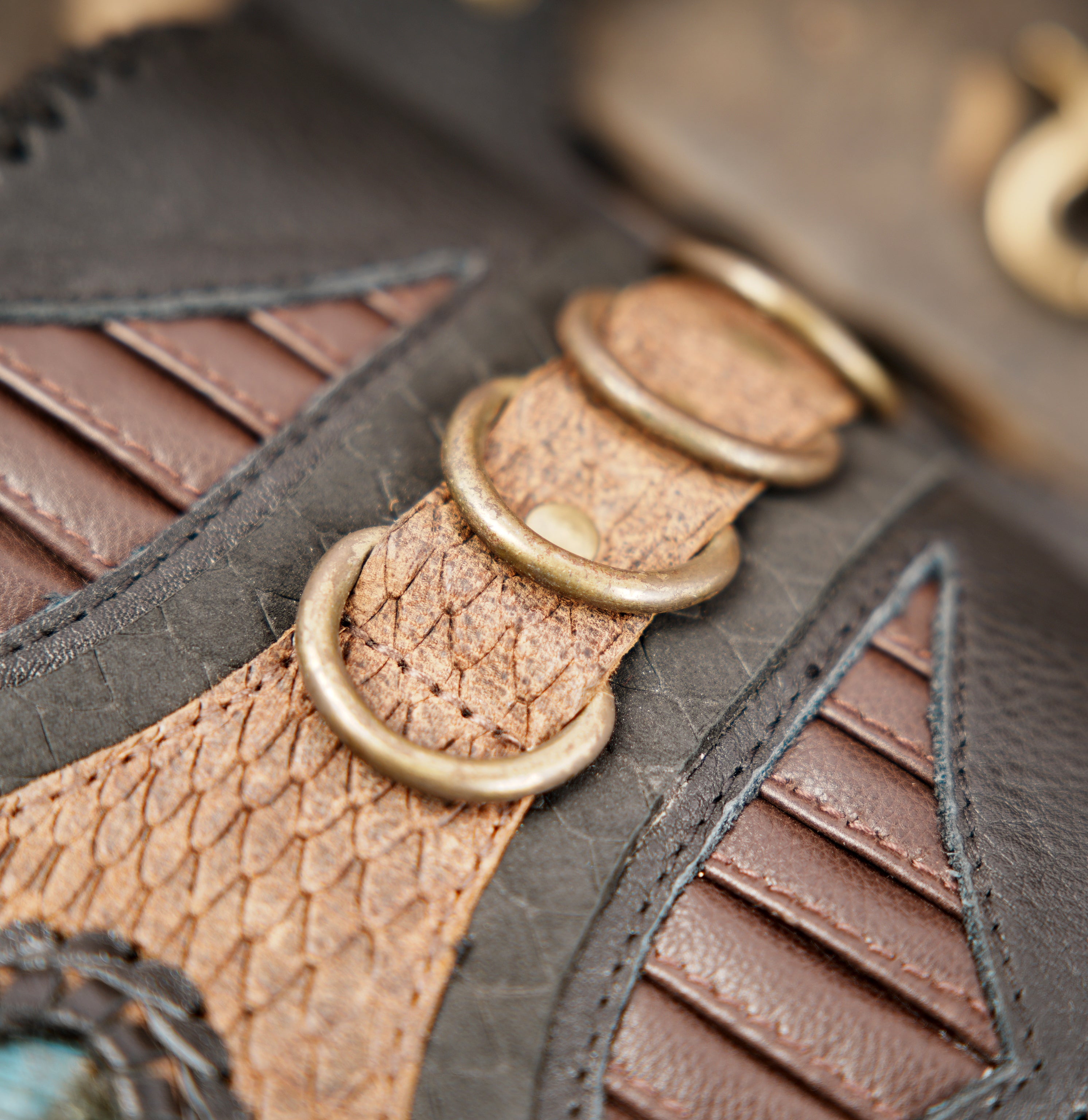 Gothic leather harness holster with gemstone accent and shoulder straps