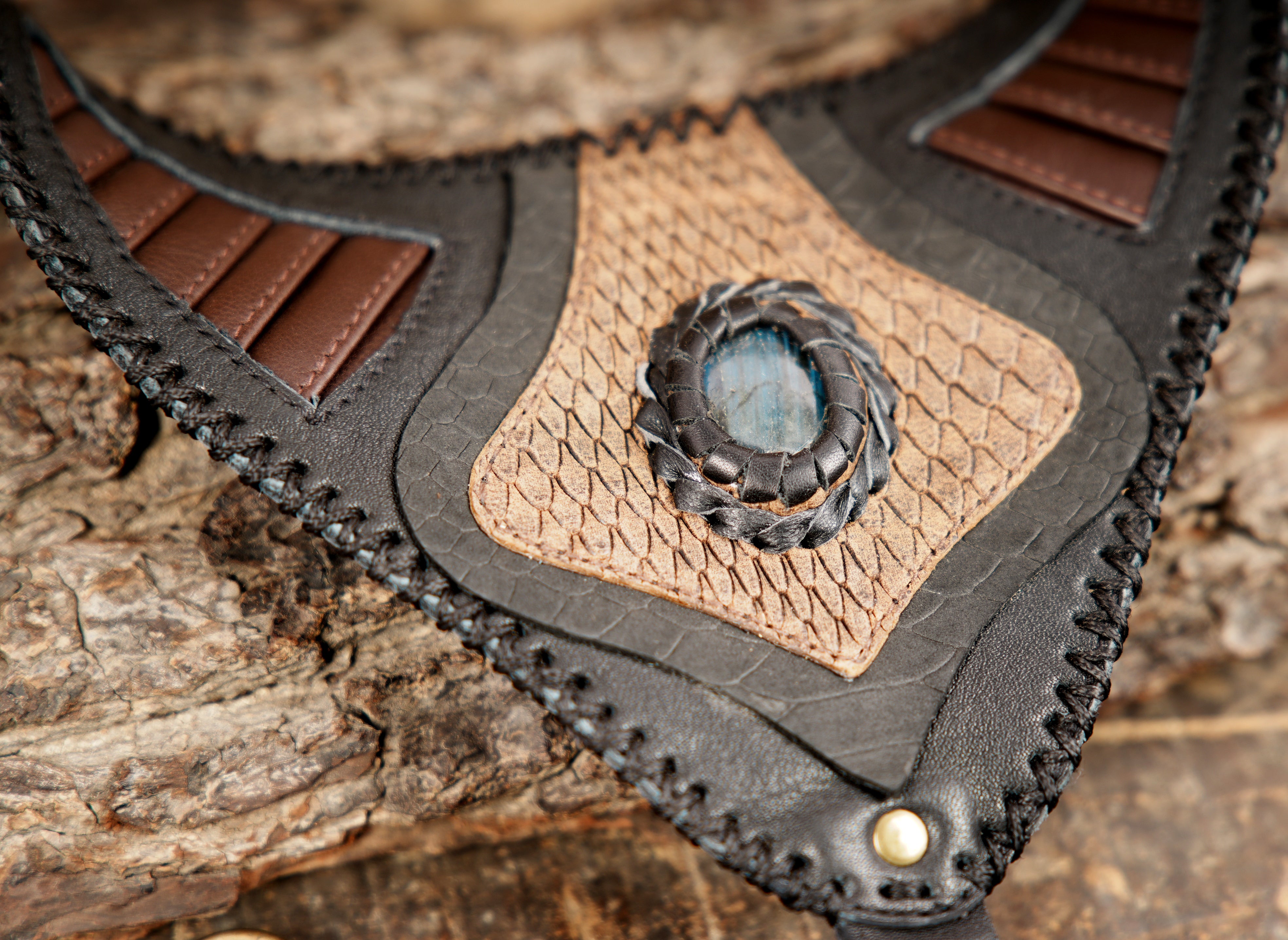 Premium leather festival holster with tribal pattern and utility pouches