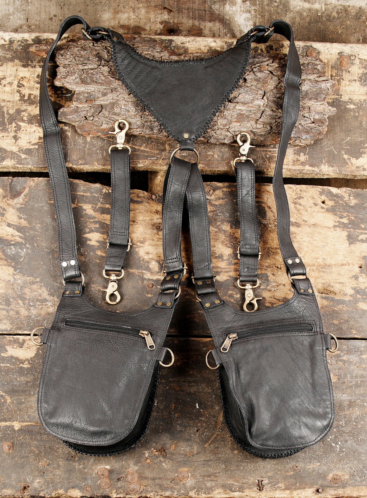 Leather utility harness with stone centerpiece and secure fit