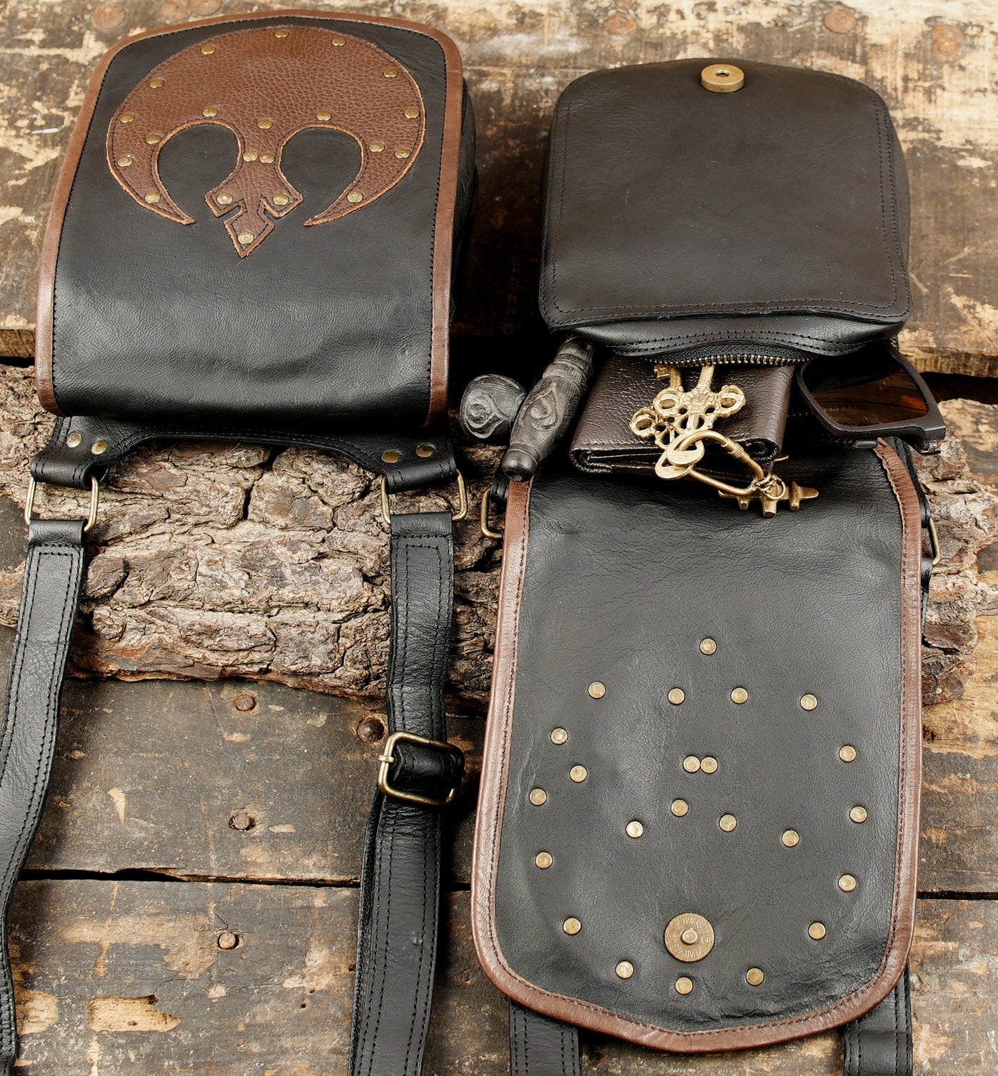 Adjustable leather side holster with embossed emblem pattern