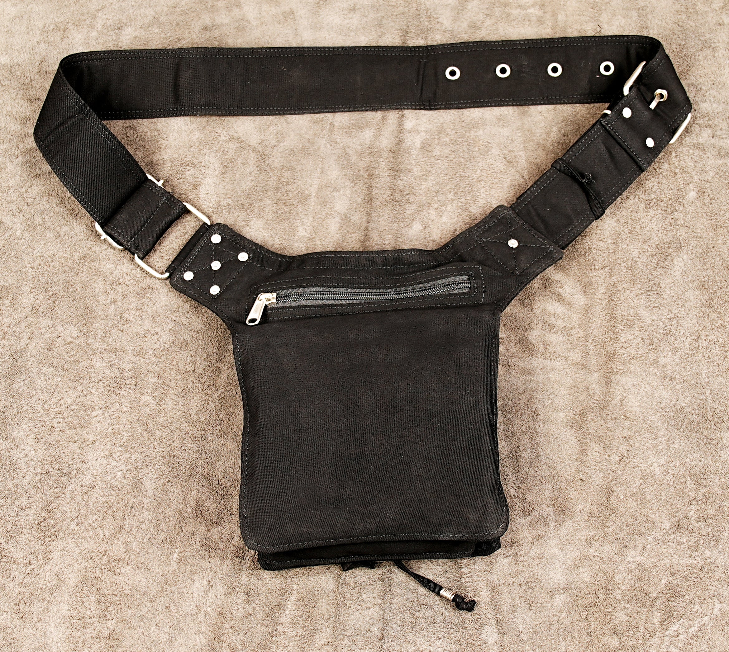 Europe/UK: Black cotton canvas bumbag with utility pockets, an ideal secure pouch for European travel or festivals.