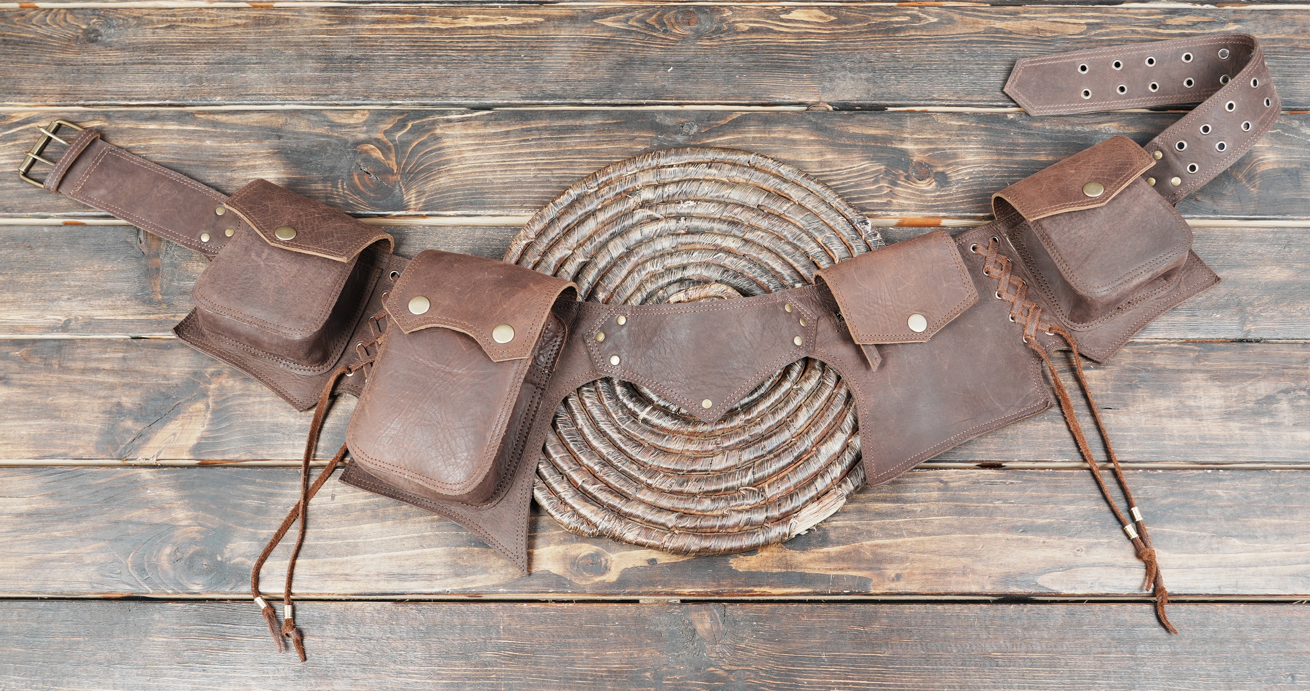 Handmade leather waist belt with multiple utility pouches