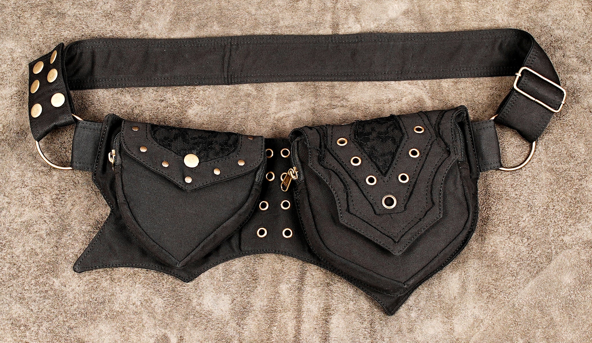 Black studded utility belt bag with dual pockets and brass grommets