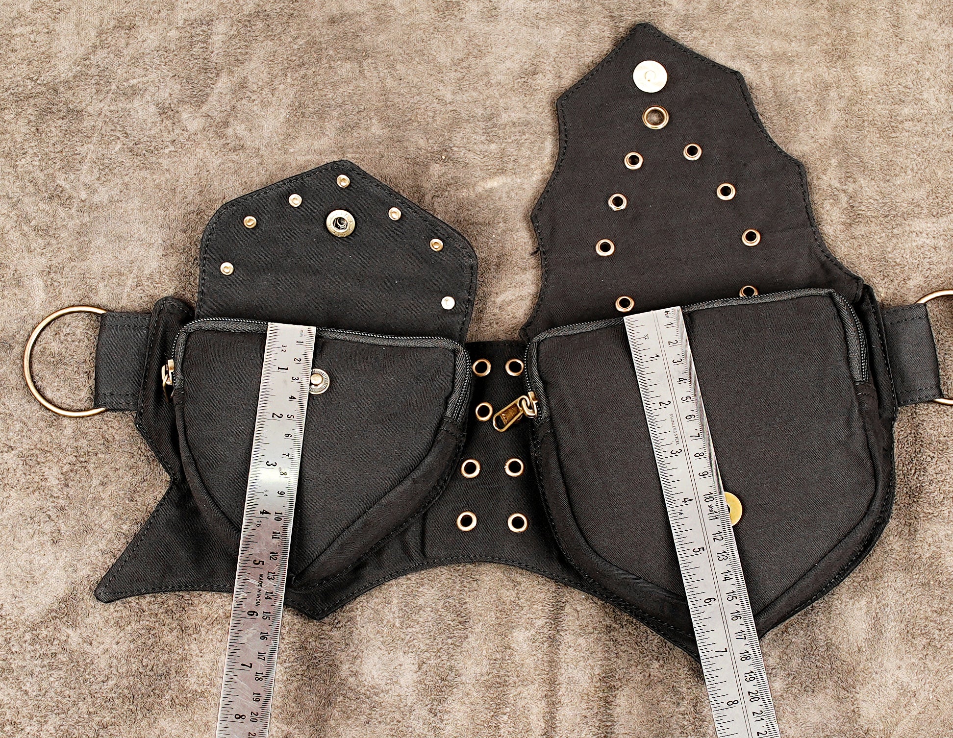 Festival fashion belt with two zippered pouches and brass accents